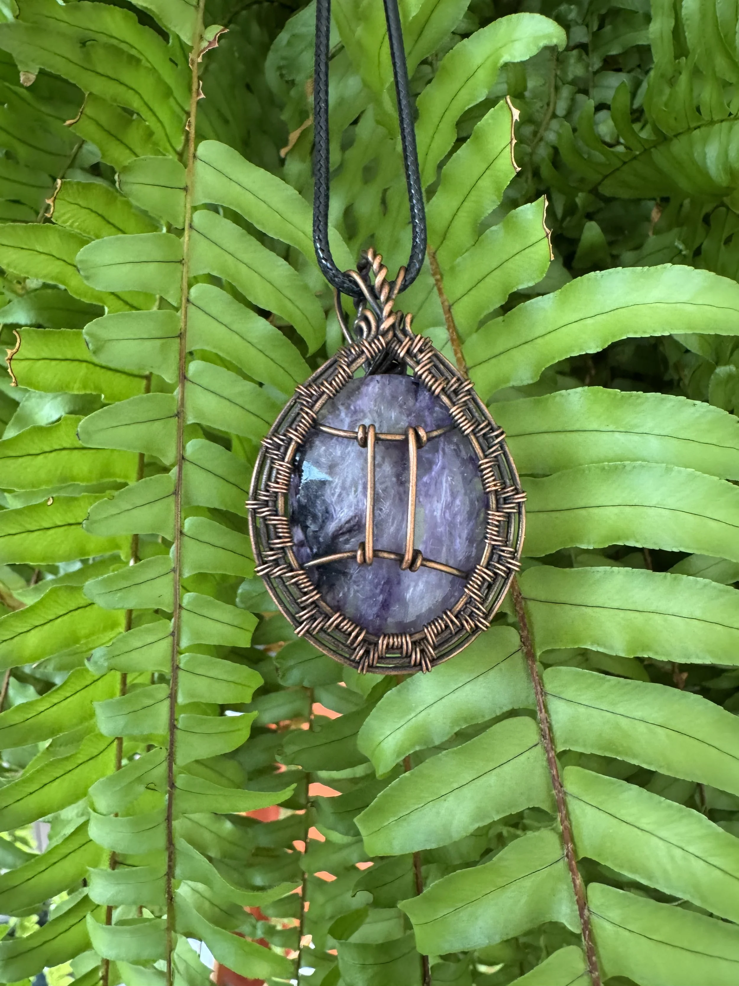Gemini: Chatoyant Purple Charoite In Oxidized Copper