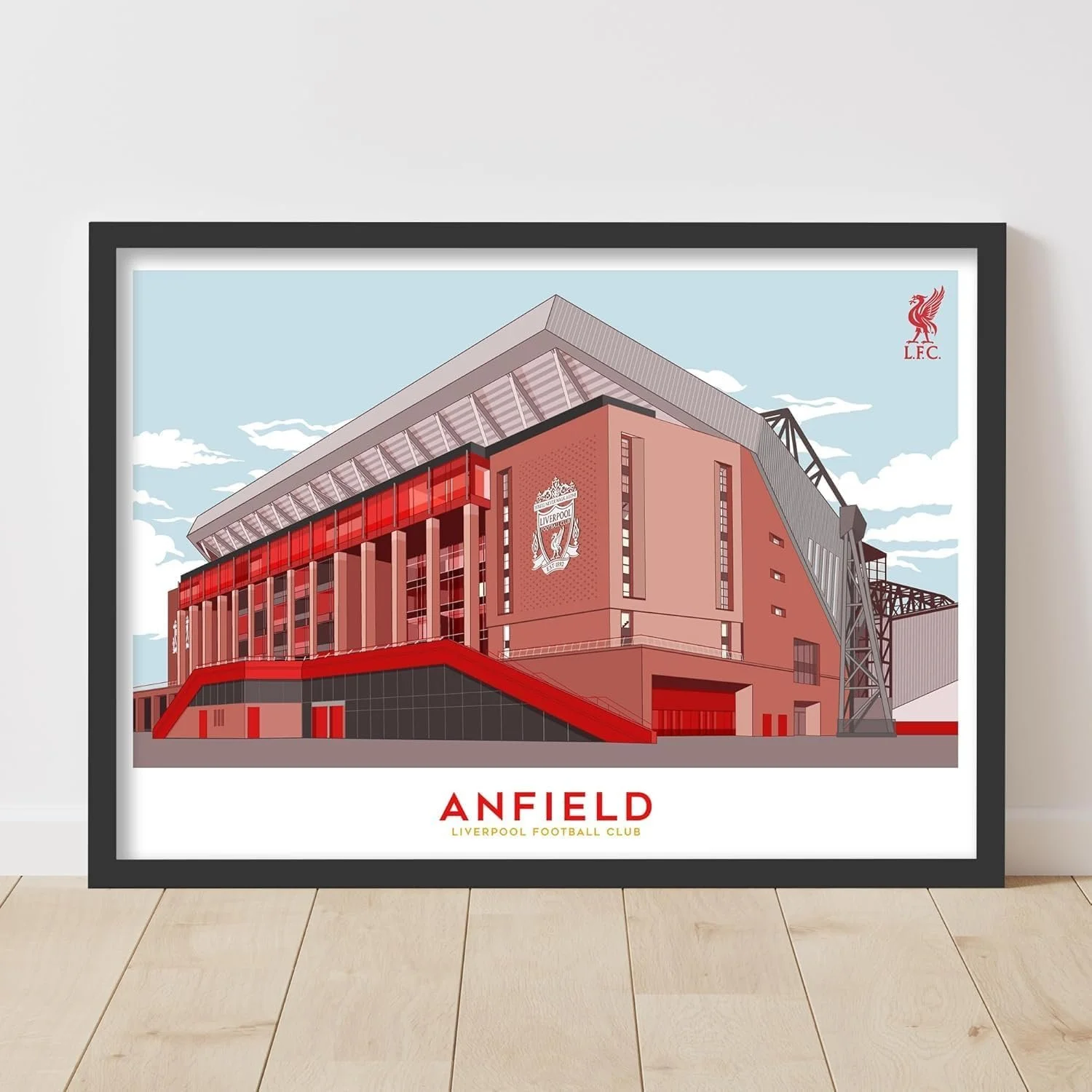 Anfield Illustration Outside Stadium Blue Sky Poster LFC Football Art (42cm x 59.4cm - A2) Framed - £17.99