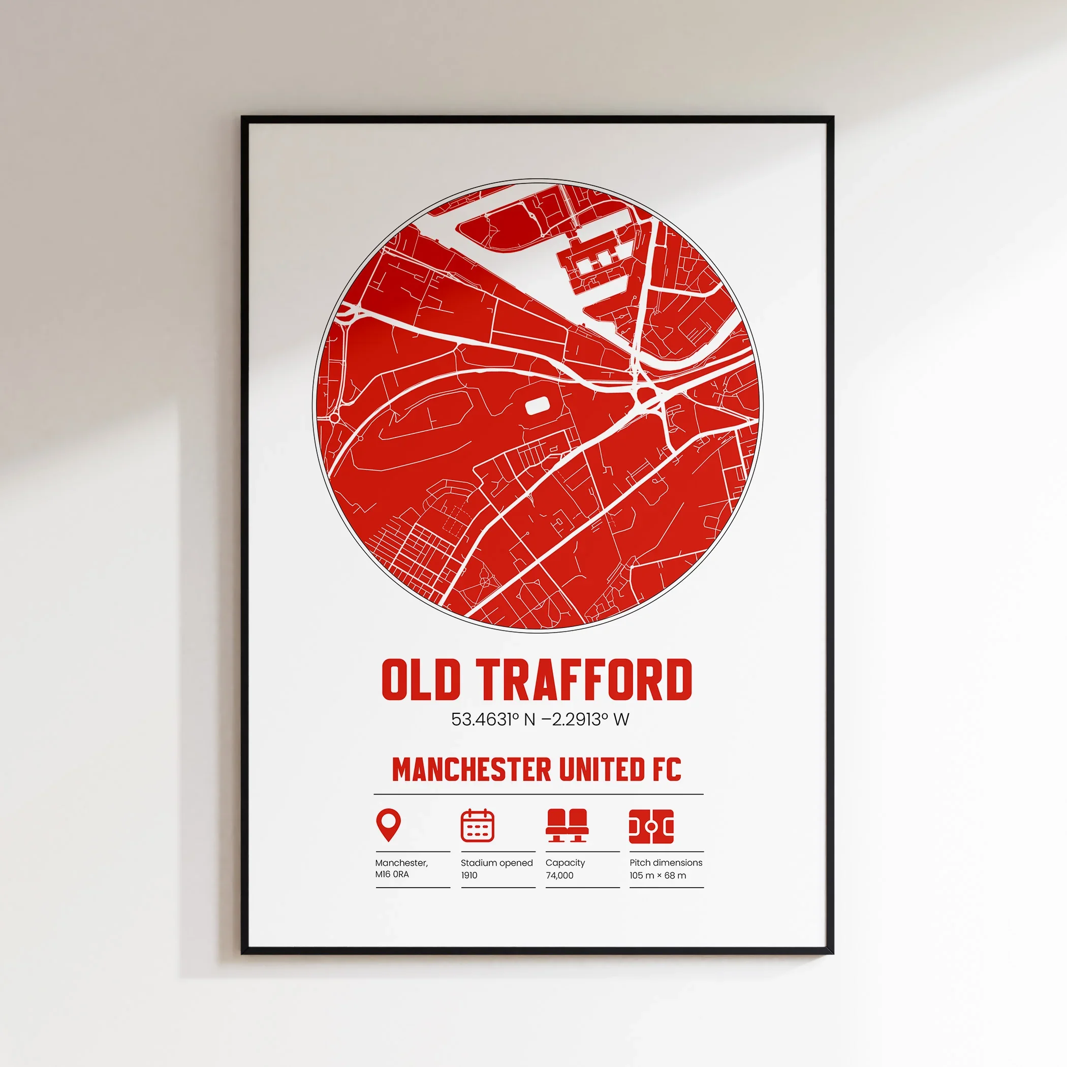 Old Trafford, Manchester United FC - Football Stadium Custom Map Print A3 Framed - £36.99