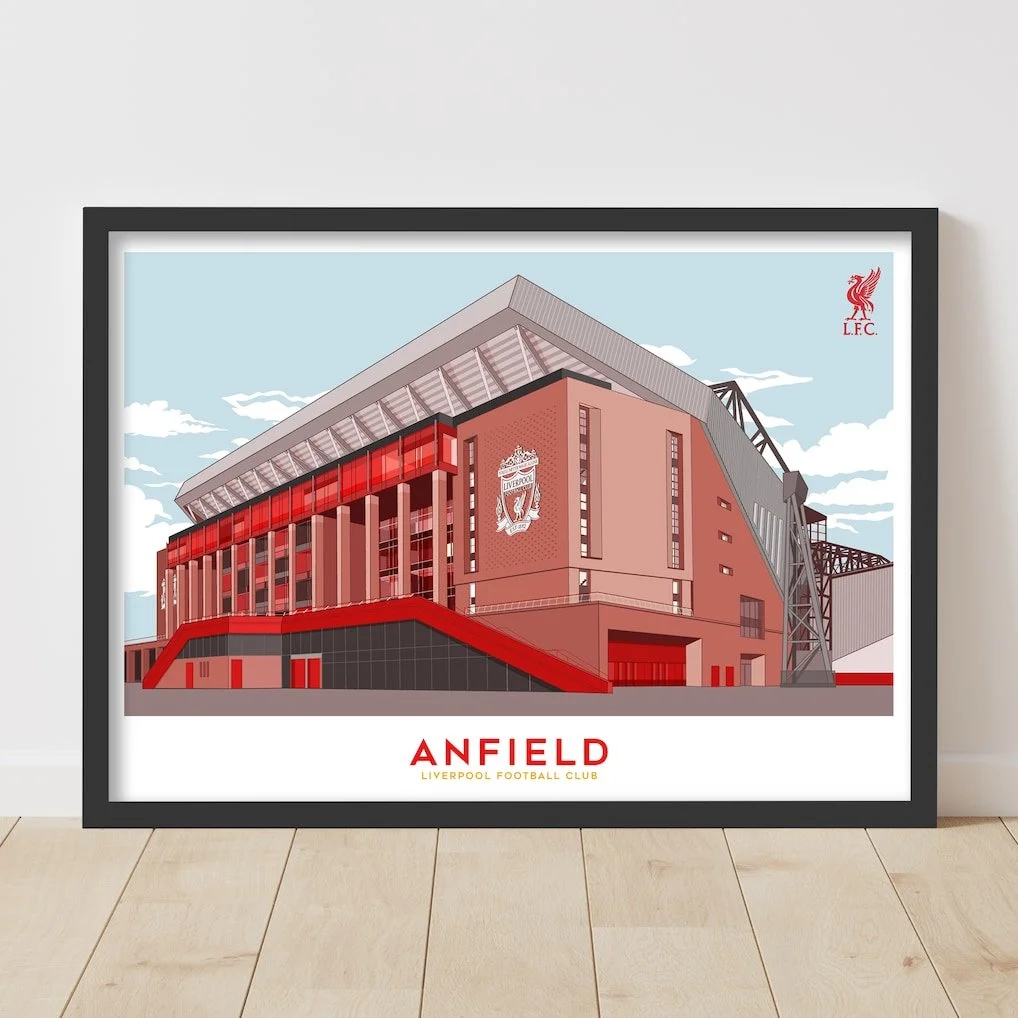 Liverpool Anfield Illustration Outside Blue Sky Print | Framed A3 - £34.99