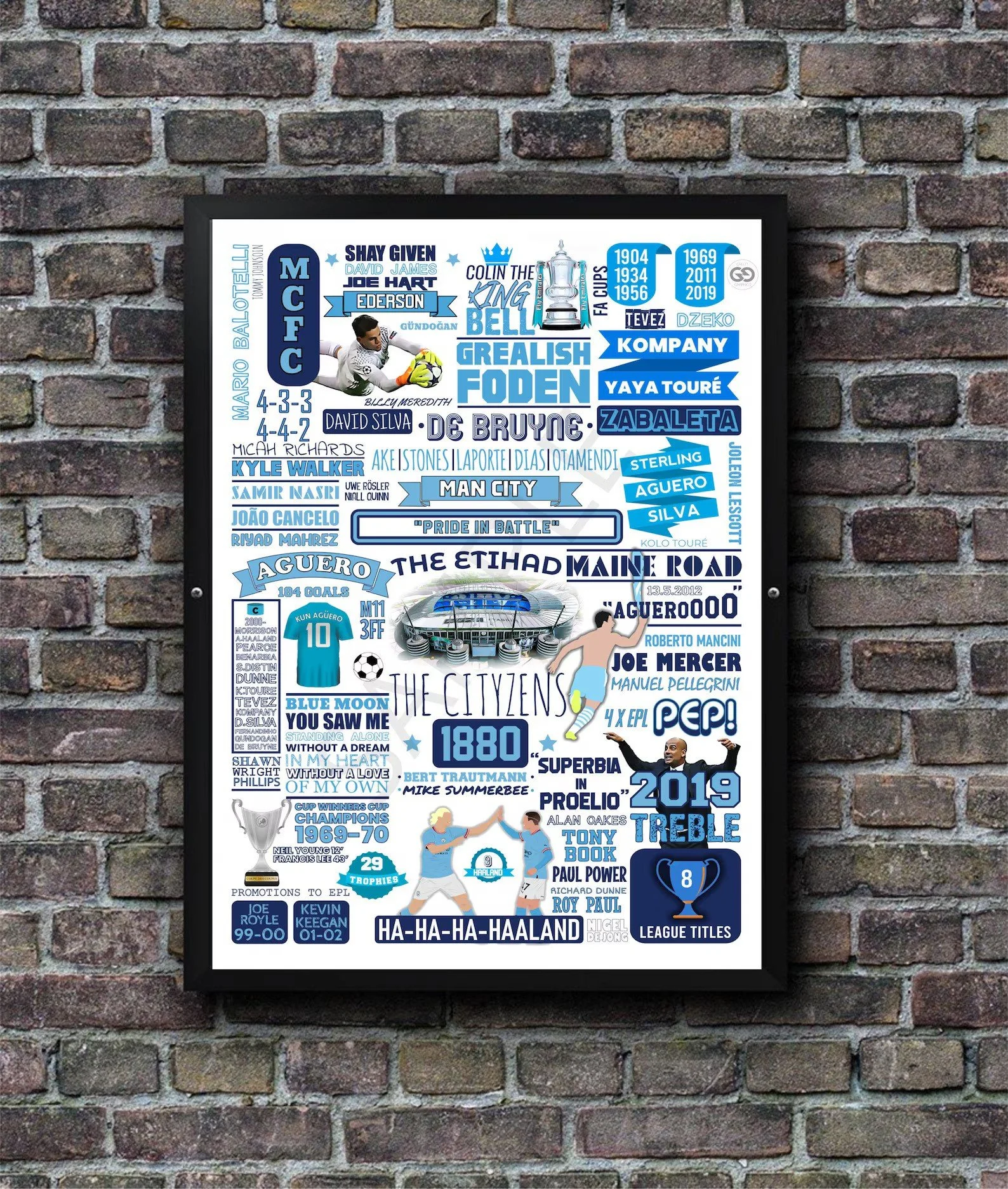 Manchester City FC Legends Football Poster Doodle Text | A4 Framed Wall Art - £17.52
