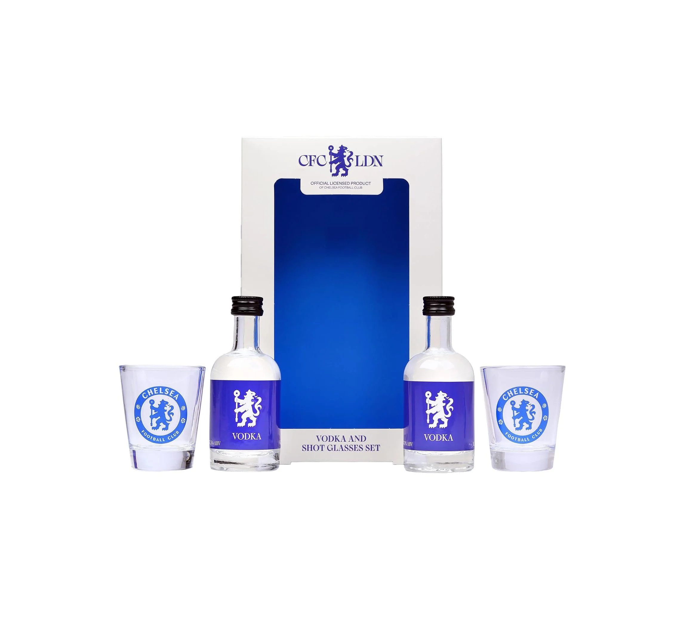 Chelsea F.C. Vodka & Shot Glass Gift Box – 2 x 5cl Miniatures and 2 Branded Glasses
 £14.99 