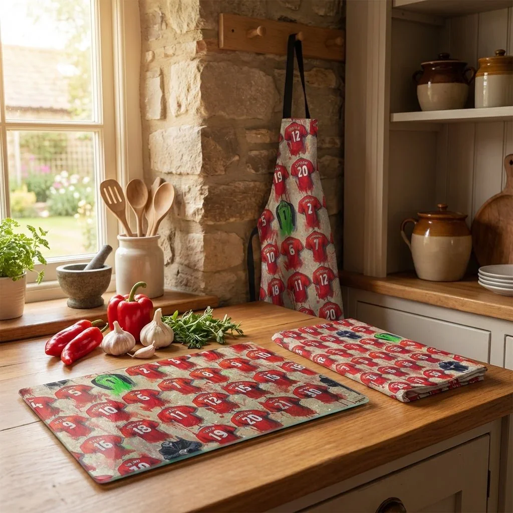 Man United Treble BBQ Bundle | Apron, Chopping Board & Tea Towel Set | Terry Kneeshaw Art - £79.99
