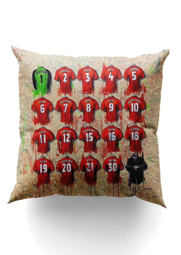 Man United Shirts | A Treble Winners Collection Cushion | Terry Kneeshaw Art - £44.99