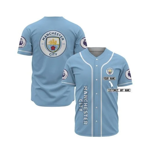 Manchester City Custom Name Baseball Jersey - Sky Blue - £51.59