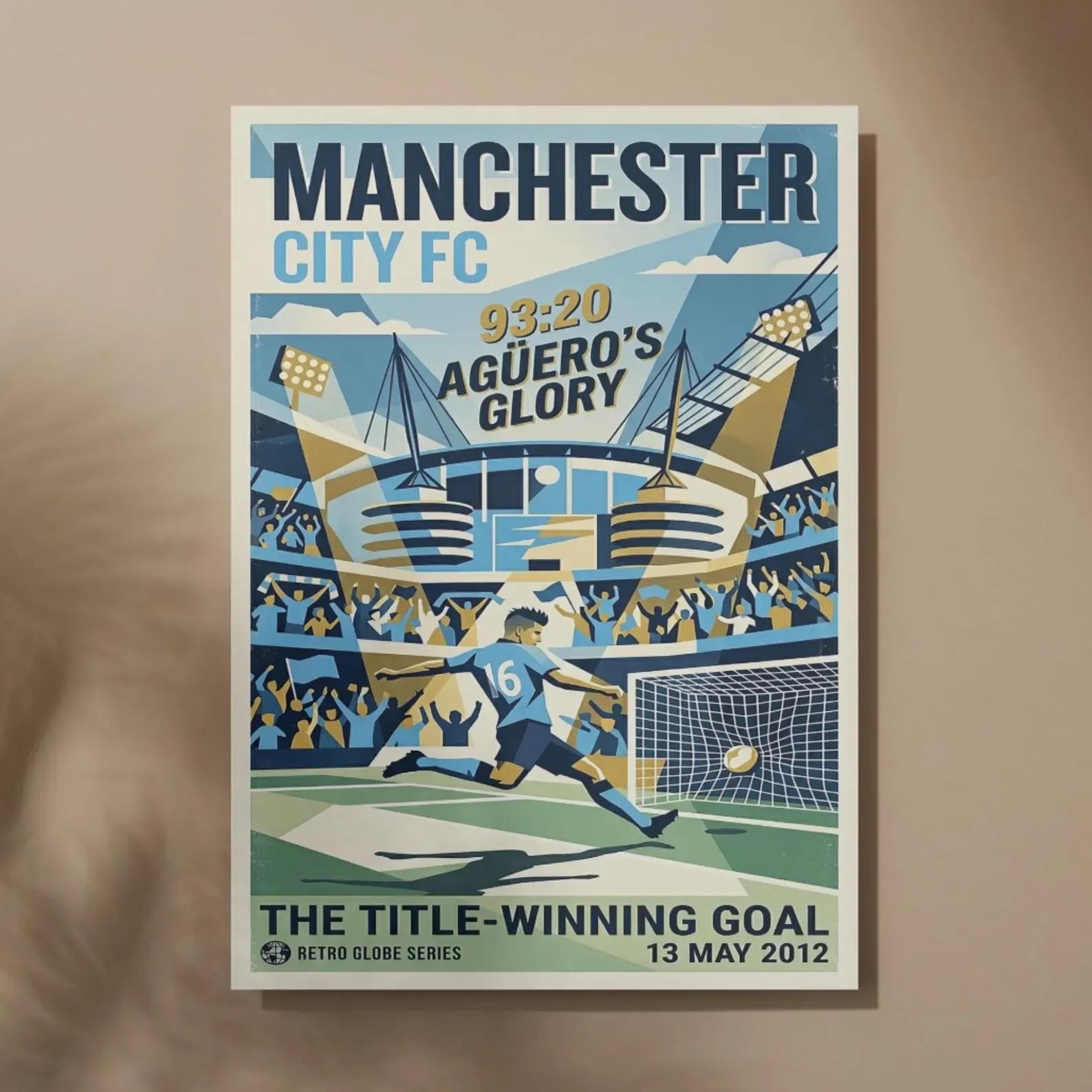 Agüero 93:20 Retro Globe Series Poster – Mid‑Century Manchester City Football Art | A3 Gloss - £24.95