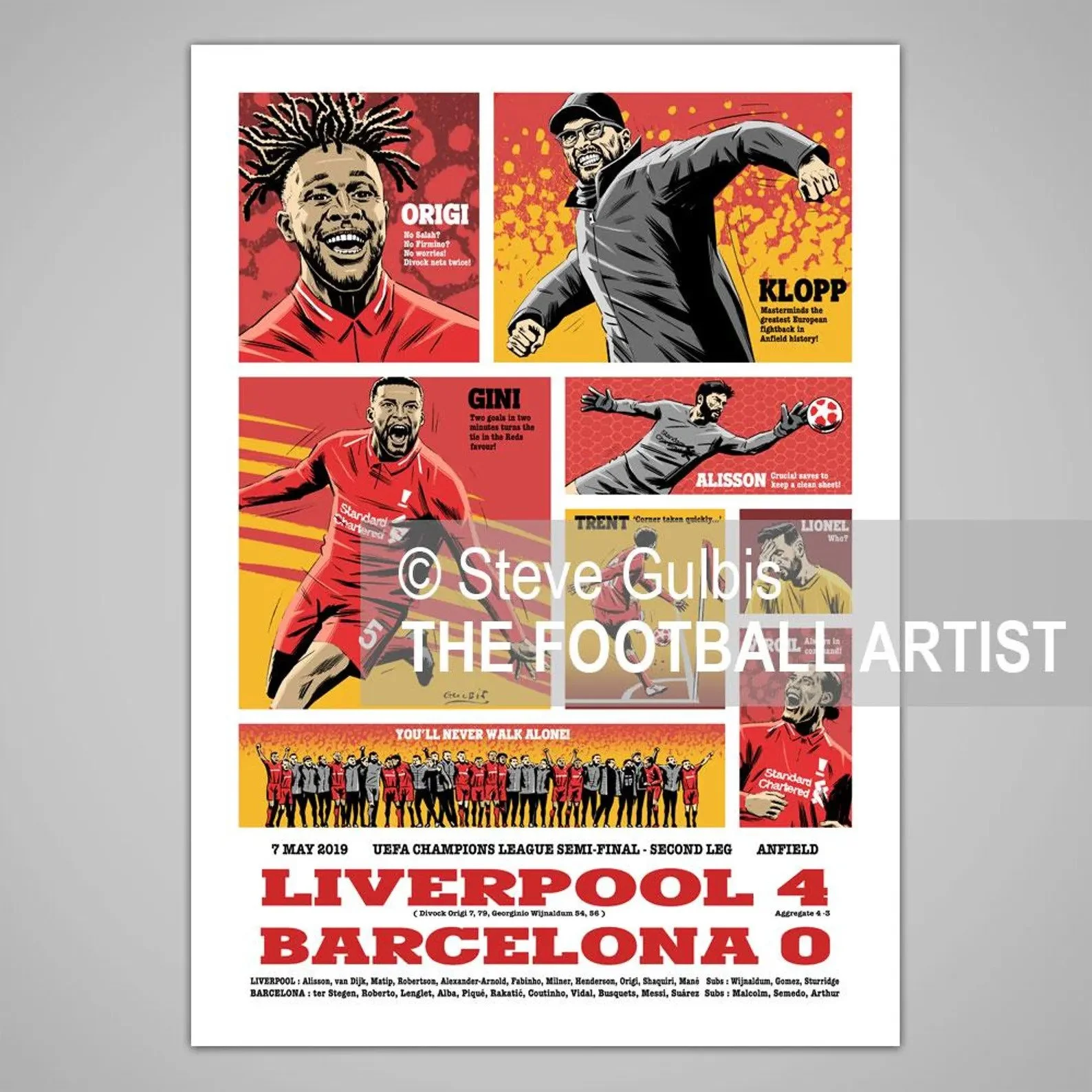 Liverpool 4 Barcelona 0, Anfield 2019, Giclee Art Print (A3 Print) - £47.00