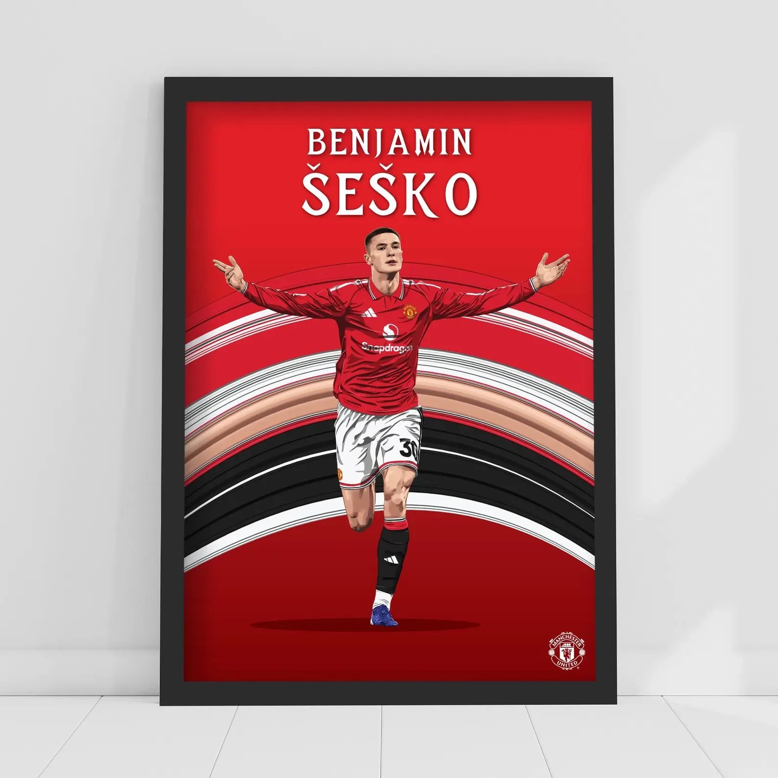 Benjamin Sesko 26/27 Illustration Poster Football Wall Art (21cm x 29.7cm - A4) Framed  
 £19.99 