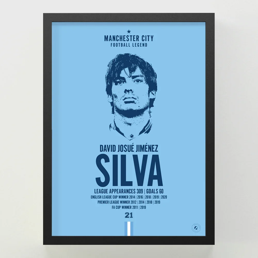 David Silva Manchester City Football Legend Iconic Portrait Print | A4 Framed Wall Art - £44.99