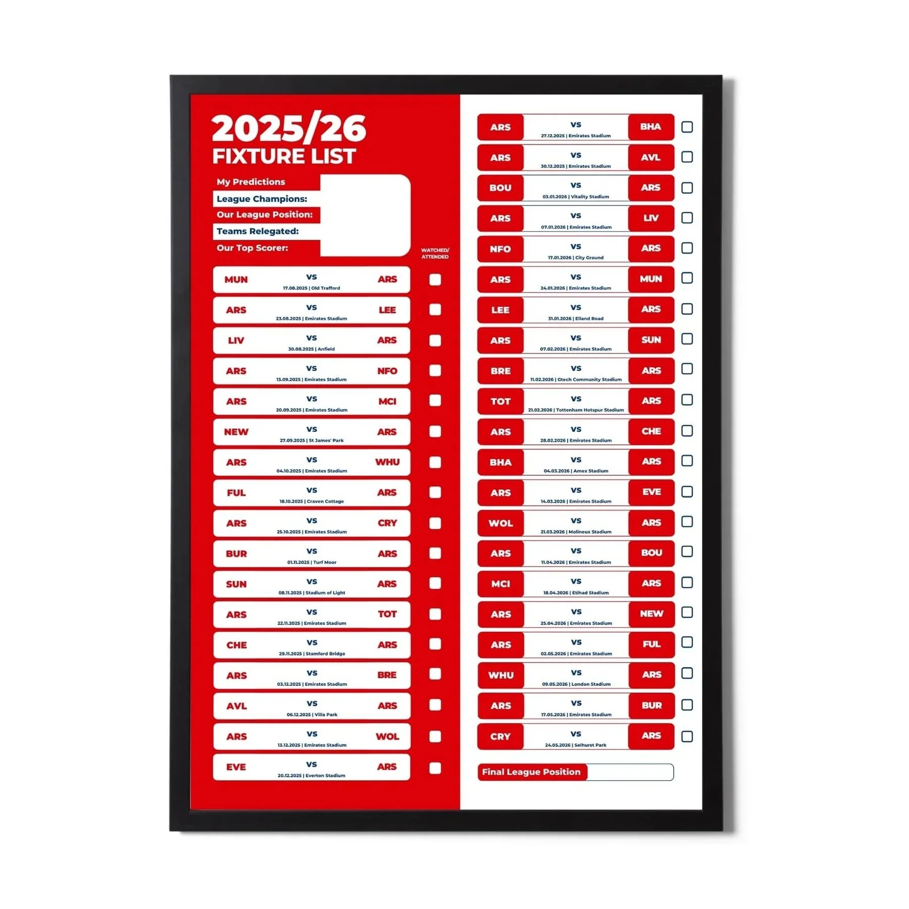 Premier League Clubs - 25/26 Football Fixture Poster - A3 Size (29.7x42cm) £13.95