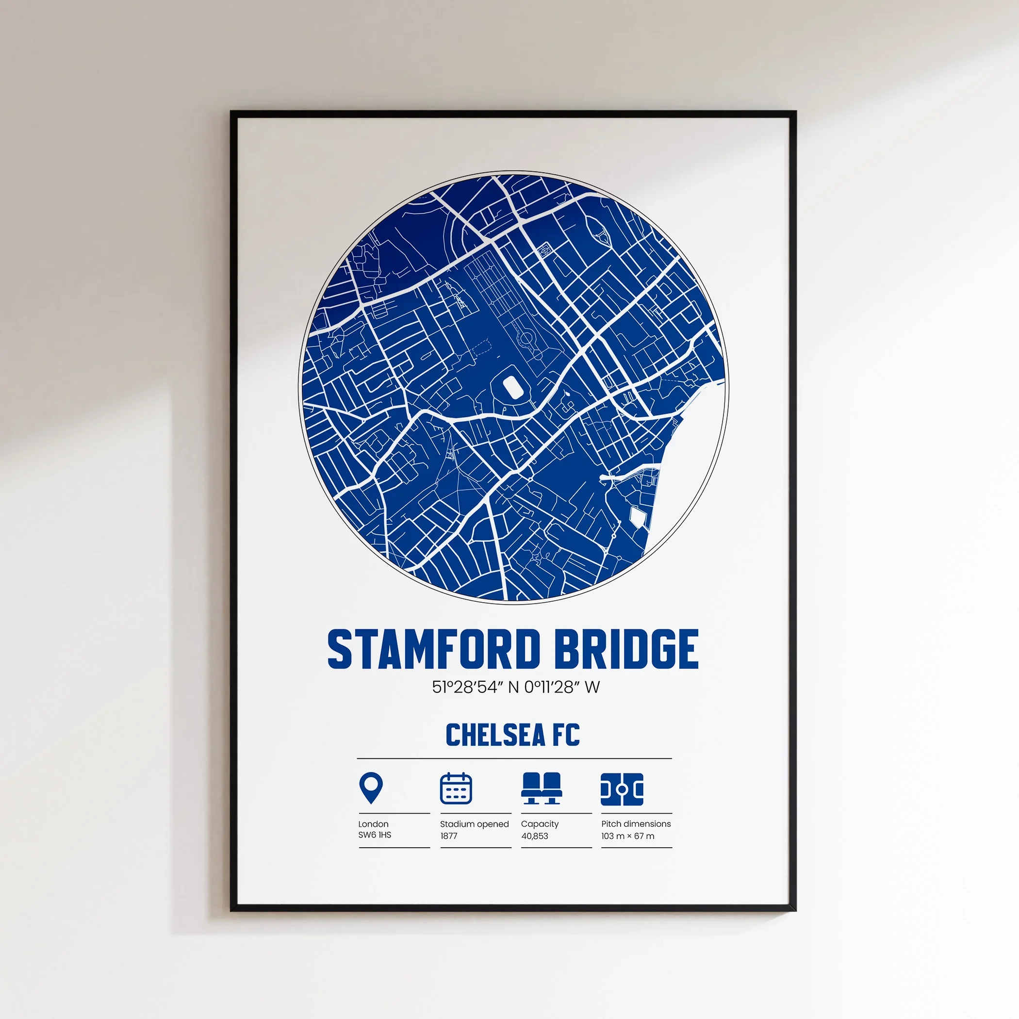 Stamford Bridge, Chelsea FC - Football Stadium Custom Map Print | Framed A3 - £36.99
