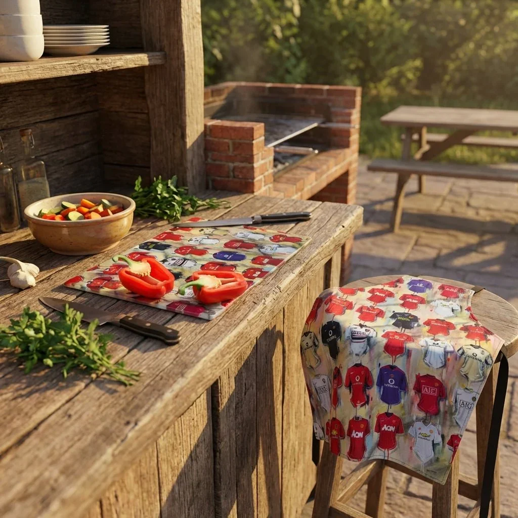 Man United BBQ Bundle | Apron, Chopping Board & Tea Towel Set | Terry Knneshaw Art - £79.99