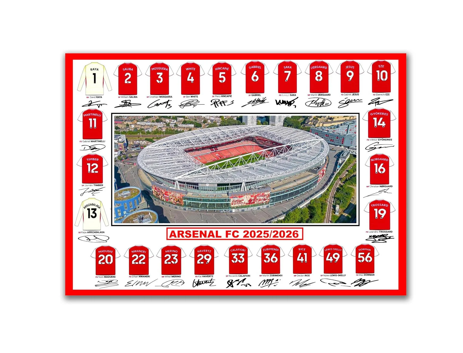 Arsenal FC 2025/2026 Squad Poster, Stadium Photo with Player Jerseys and Signatures (A4 Unframed) - £9.99