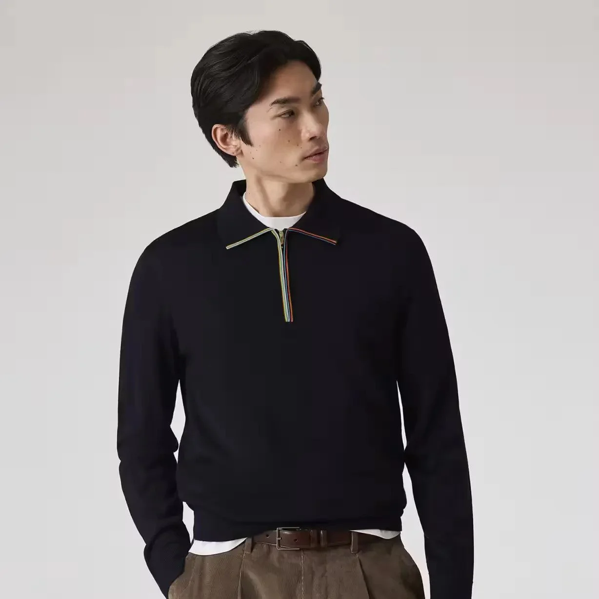 Ruben Amorim Paul Smith Dark Navy 'Signature Stripe' Zip Trim Wool Polo - £275.00