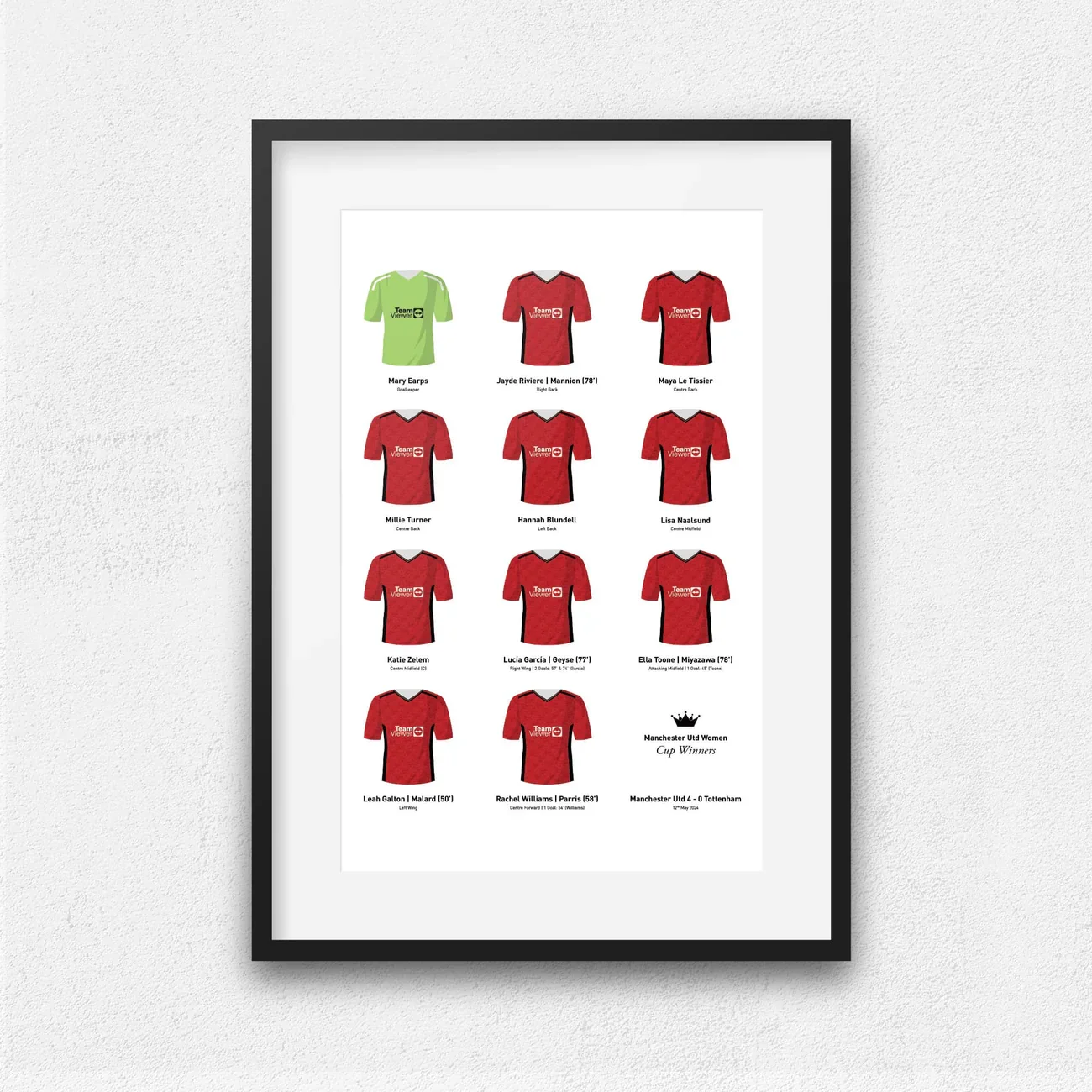 Manchester Utd Women 2024 Cup Winners Football Team Print | A3 Framed Art Print - £42.00