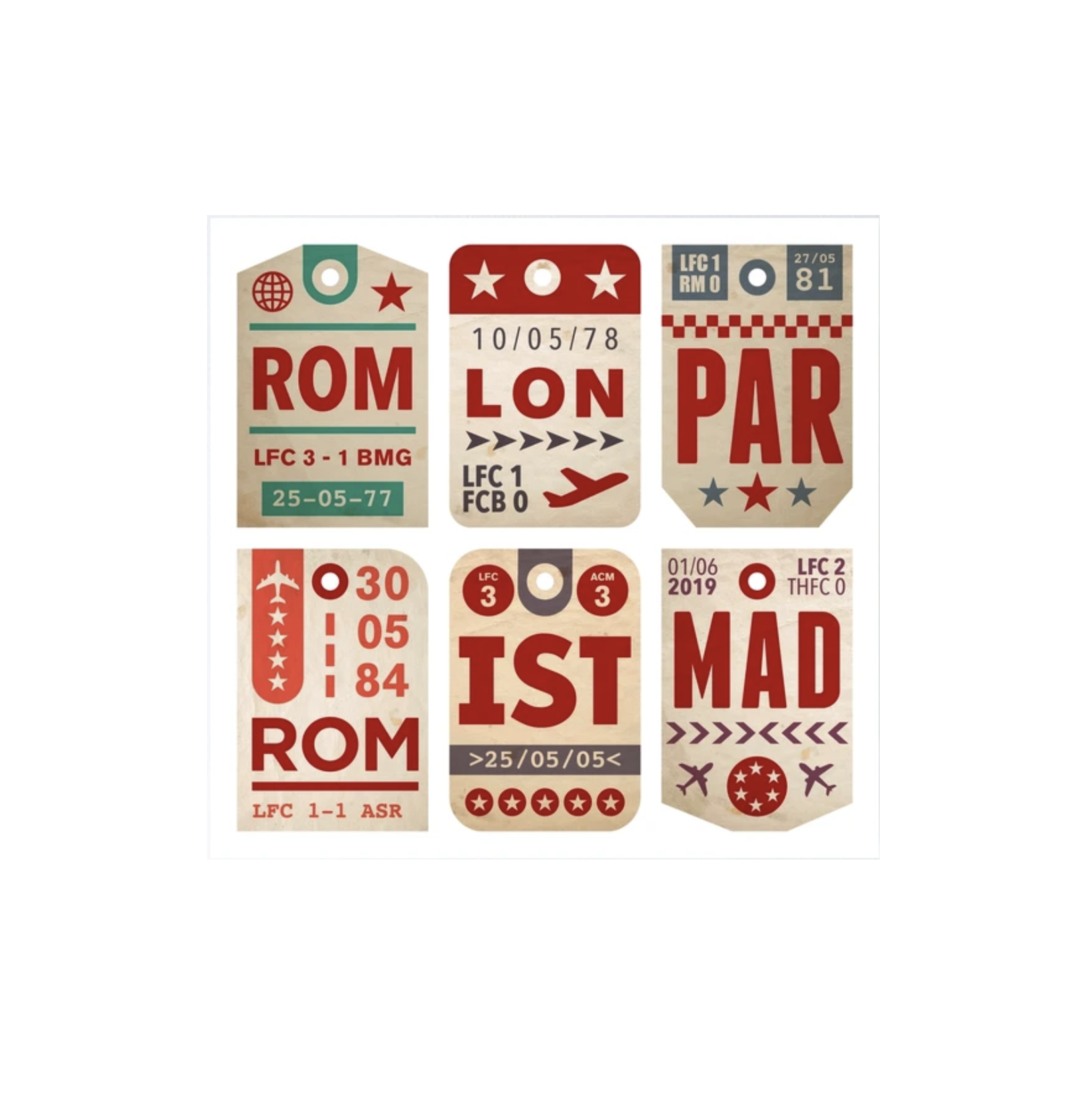 Conquerors of Europe: LFC European Cup Wins as Vntage Luggage Tags Poster 62.1cm x 59.4cm Semi Gloss
 £15.18 