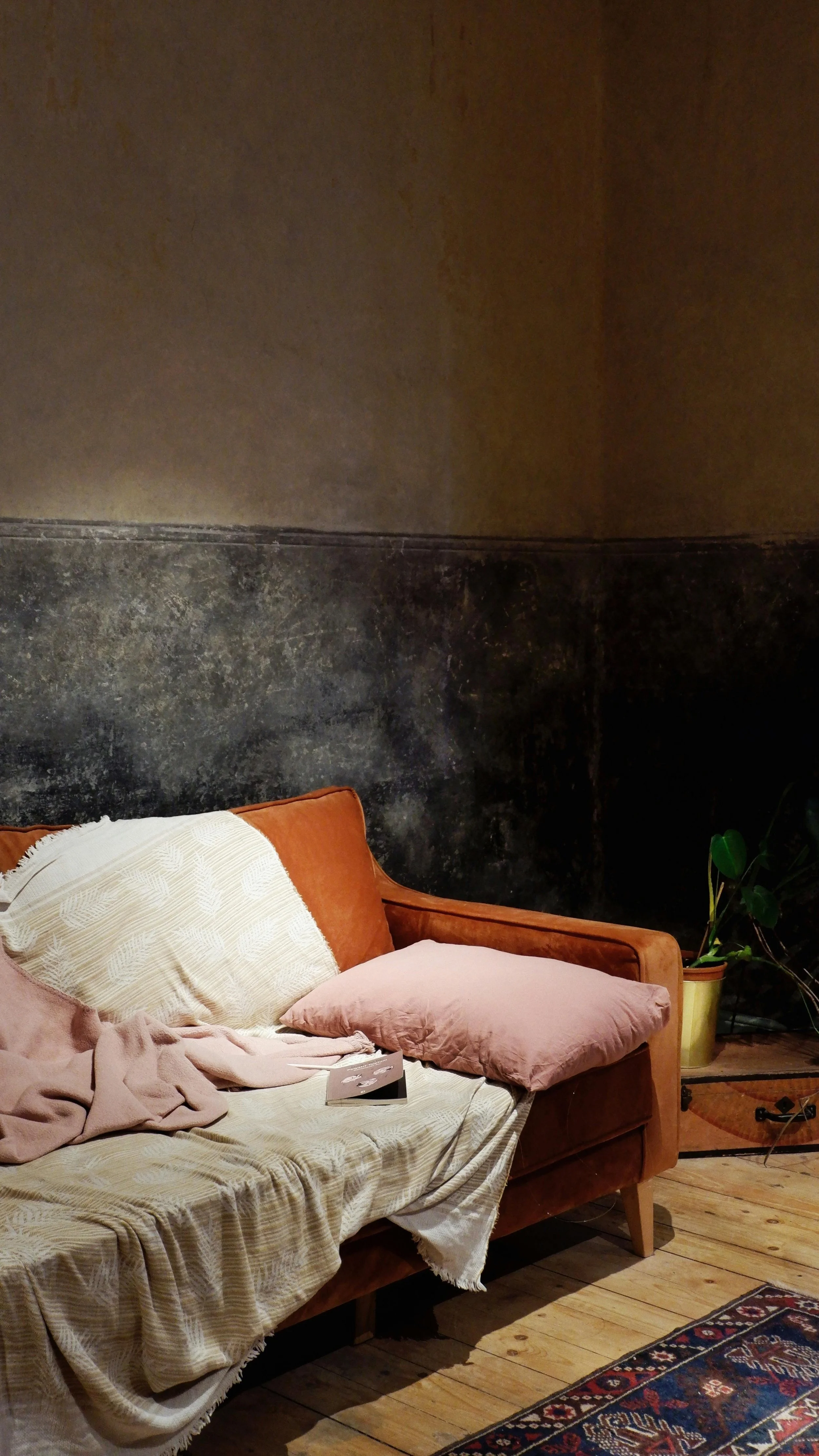 A cozy living room corner with a pink velvet sofa, beige and pink throw pillows, and a blanket, next to a potted plant with green leaves. The wall behind is dark with a textured finish, and a patterned rug covers the wooden floor.
