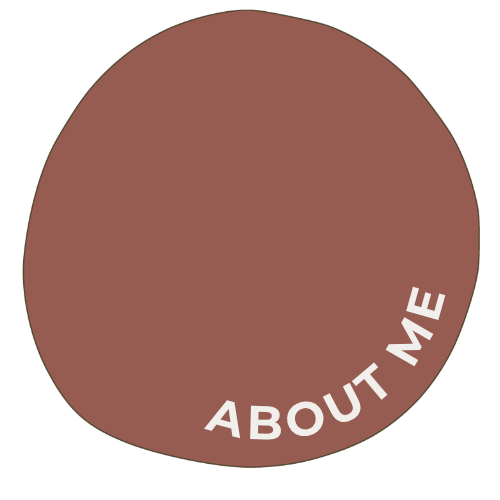 Brown oval-shaped button with white text that reads "ABOUT ME" at the bottom.