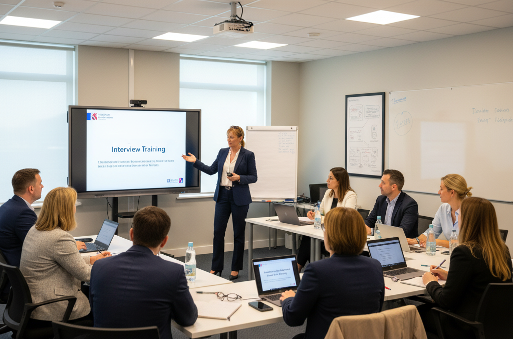 A professional woman giving a presentation on interview training to a group of seven people in a conference room with laptops and water bottles.