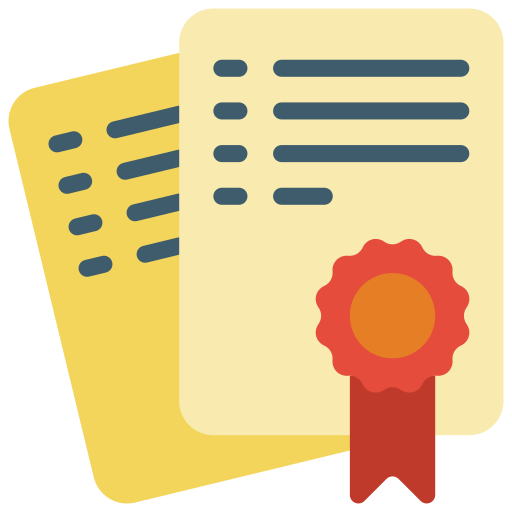 Two official certificates or diplomas with a red ribbon seal.