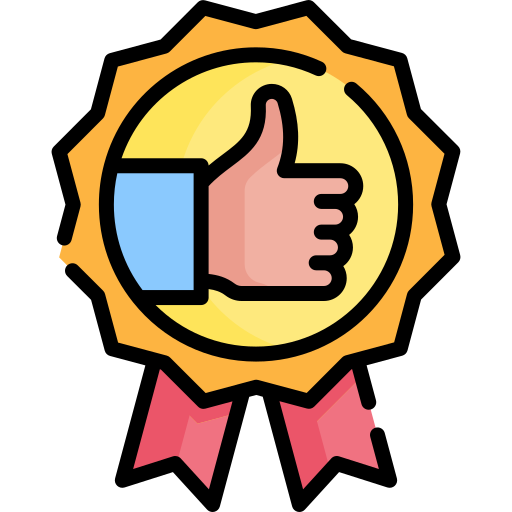 Illustration of a thumbs-up symbol inside a gold medal with red ribbons