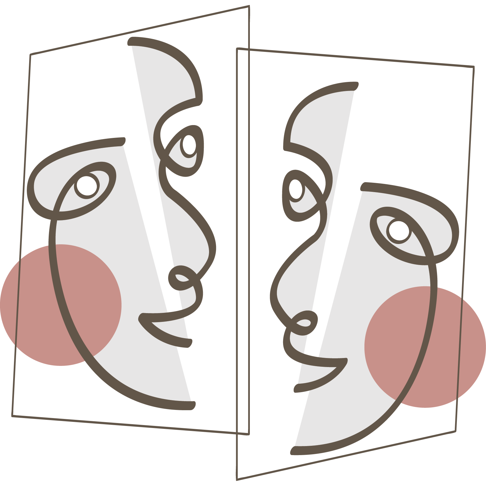 Abstrakte Illustration von zwei stilisierten Gesichtern, die sich gegenüberstehen, mit einer minimalistischen Farbpalette und geometrischen Linien.