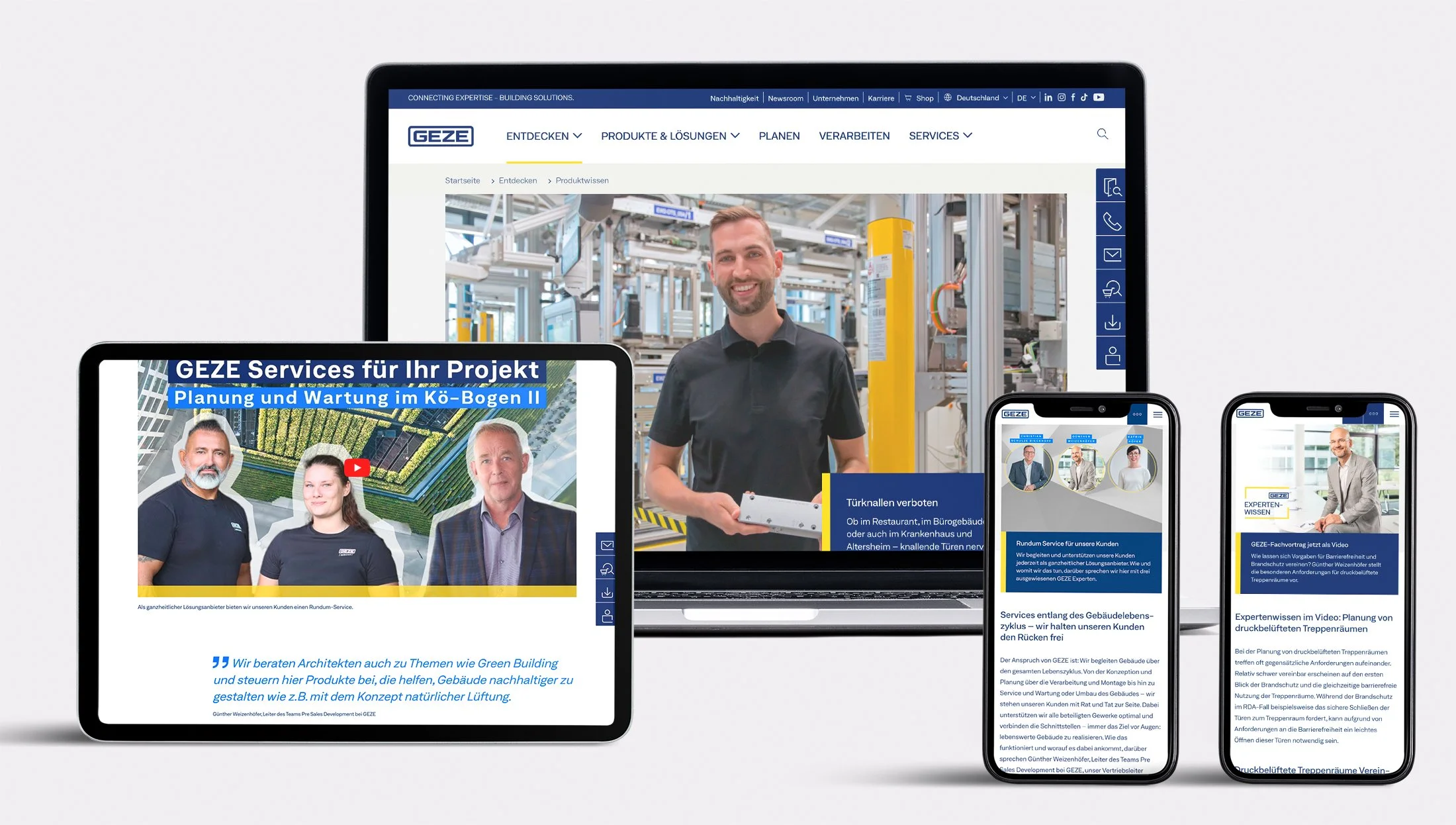 GEZE Unternehmenswebsite, Fachbereiche, Fachbeiträgen, Referenzberichten, Interviews, Videos, Desktop und Mobile