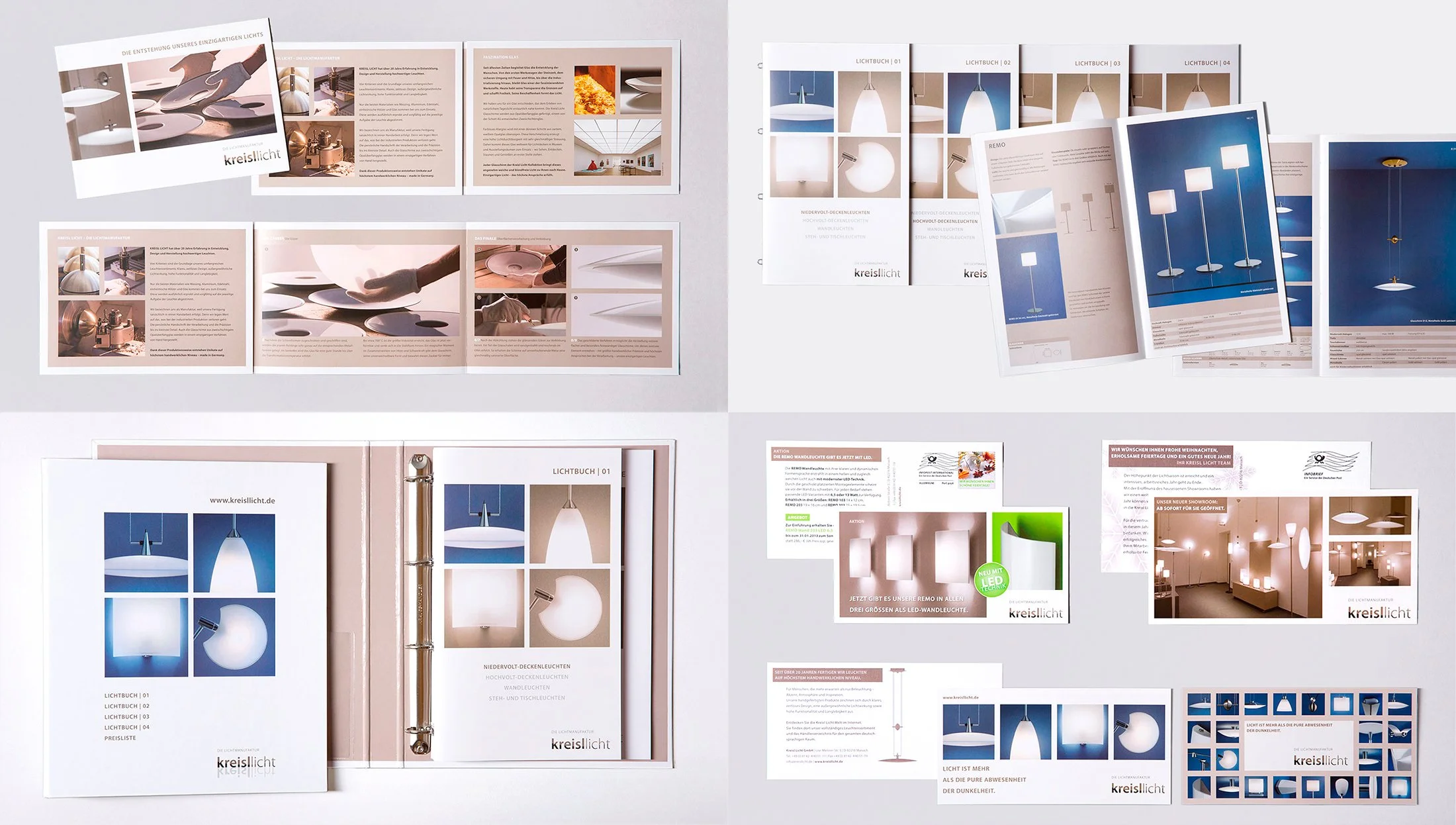 Kreisllicht Leuchtenmanufaktur, Produktkataloge, Glasbroschüre, Postkarten, konzeptionelles Design und Fotografie
