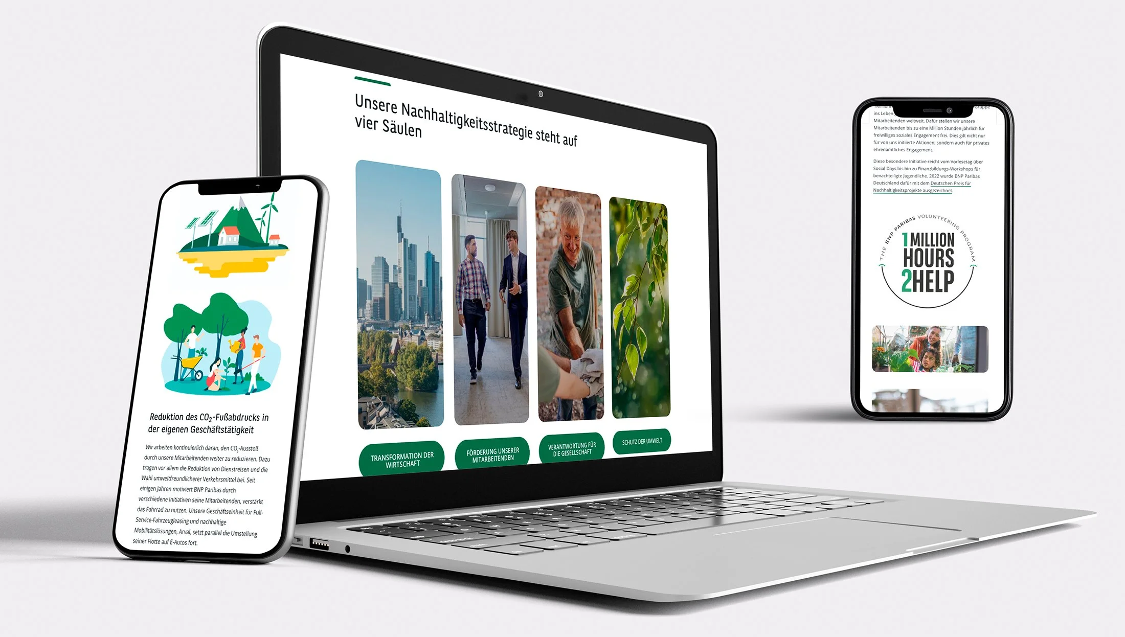 Nachhaltigkeit bei BNP Paribas Deutschland, ier Säulen, Download-Angebote, Webiste, Mobile