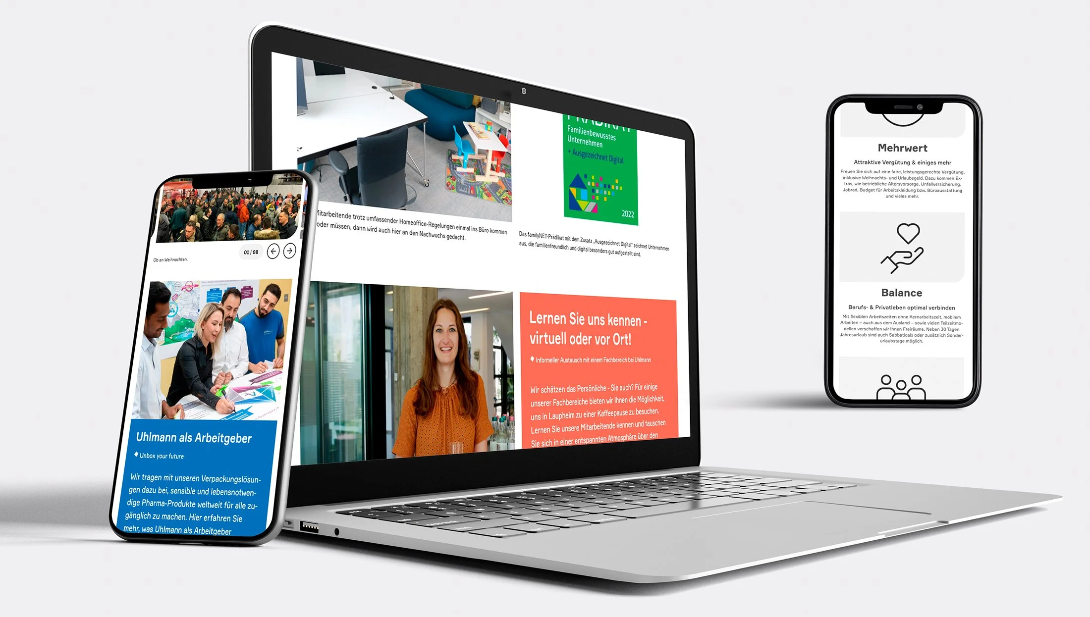 Uhlmann Pack, Website, Arbeitgeber, Employer Branding, Benefits und Dialogformate wie das virtuelle Treffen (Mix aus Desktop und Mobil)
