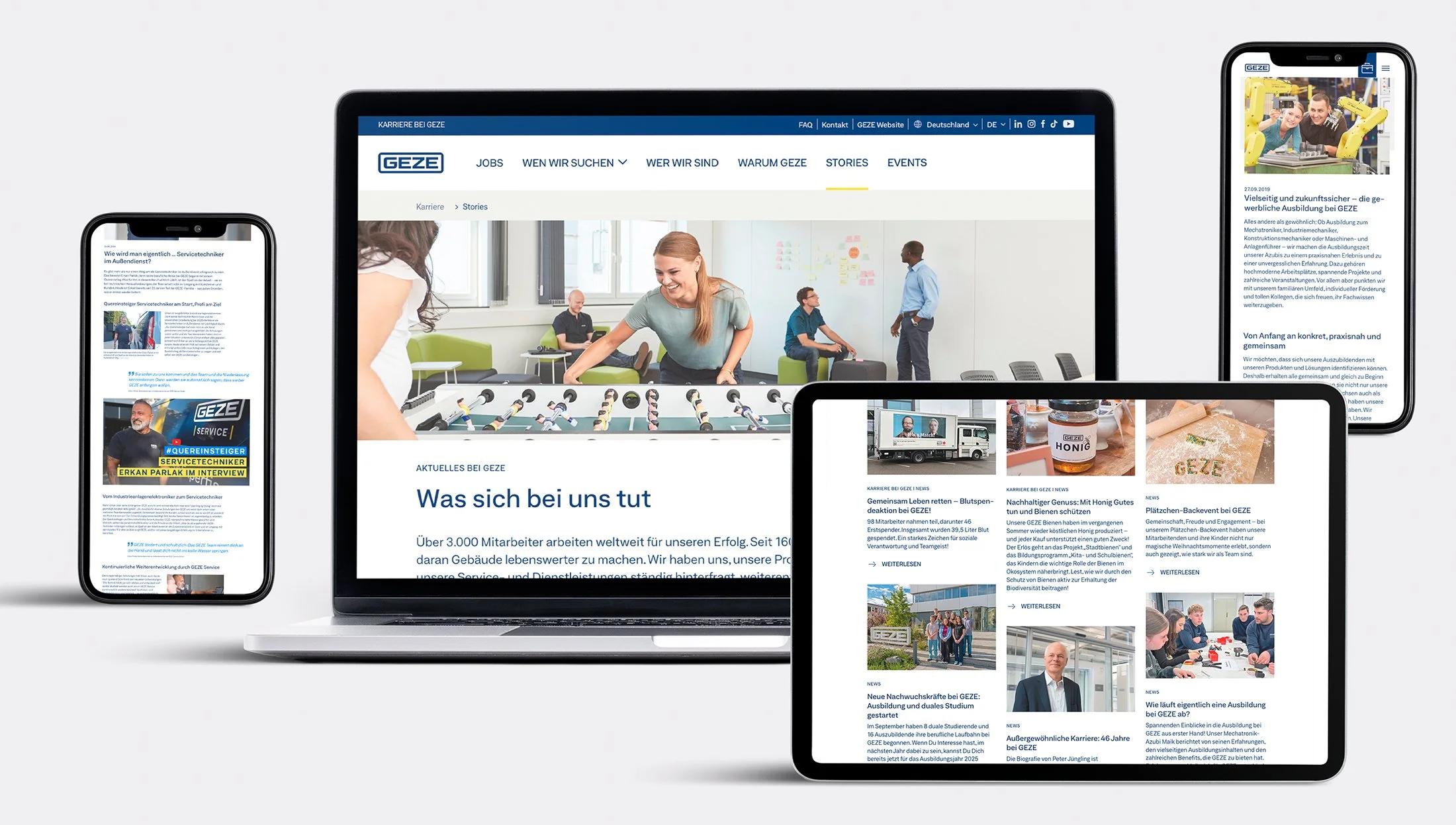 GEZE Karriereblog und einzelnen Stories daraus mit Events und Vorstellung Menschen (Mix aus Desktop und Mobil)