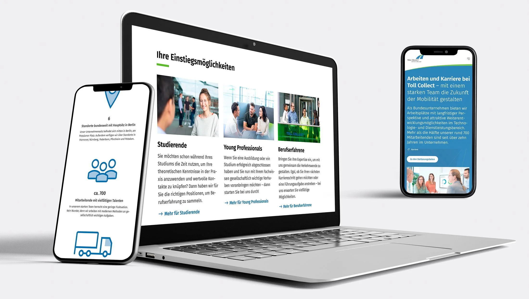 Toll Collect, Employer Branding, Website, Einstiegsmöglichkeiten für Arbeitnehmer und Auszubildende, (Mix aus Desktop und Mobil)