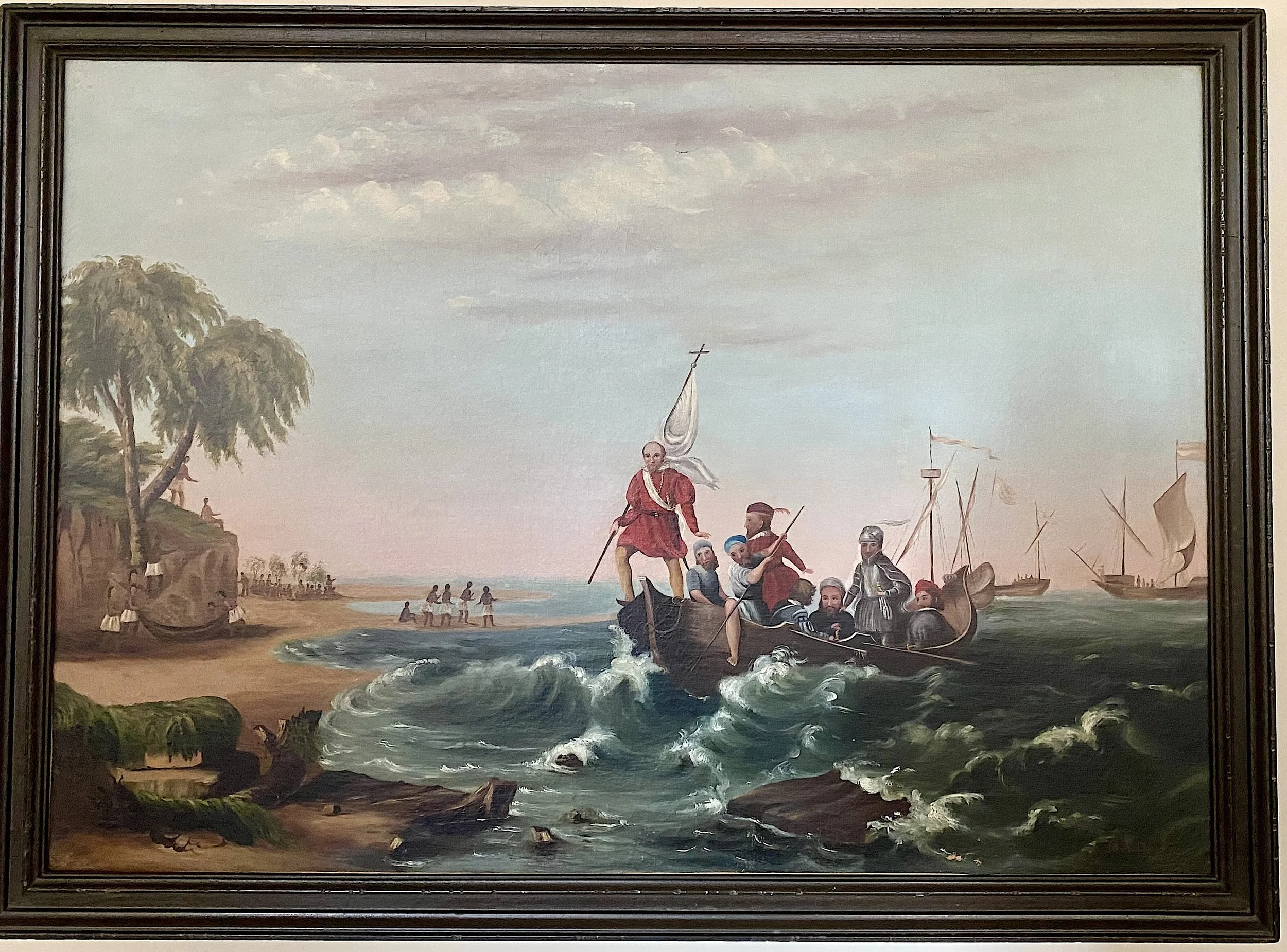 M.A. DAVIS
The Landing of Columbus, 1841
Oil on Canvas, 28 x 40 inches
Signed M.A. Davis and dated 1841 in gold paint at lower right.
Antique molded and painted wood frame.
Provenance: Frank S. Schwarz & Son, Philadelphia (label to verso)
