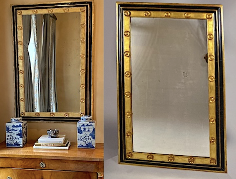 Pair of Art Moderne Gilt and Ebonized Mirrors, with carved roundels; (58 ½ x 37”)
The first from France, with original mercury plate mirror, and dating to c. 1940
Provenance: Bernd Goeckler Antiques, NY, May 5, 2009;
The second a copy made in 2009 by
