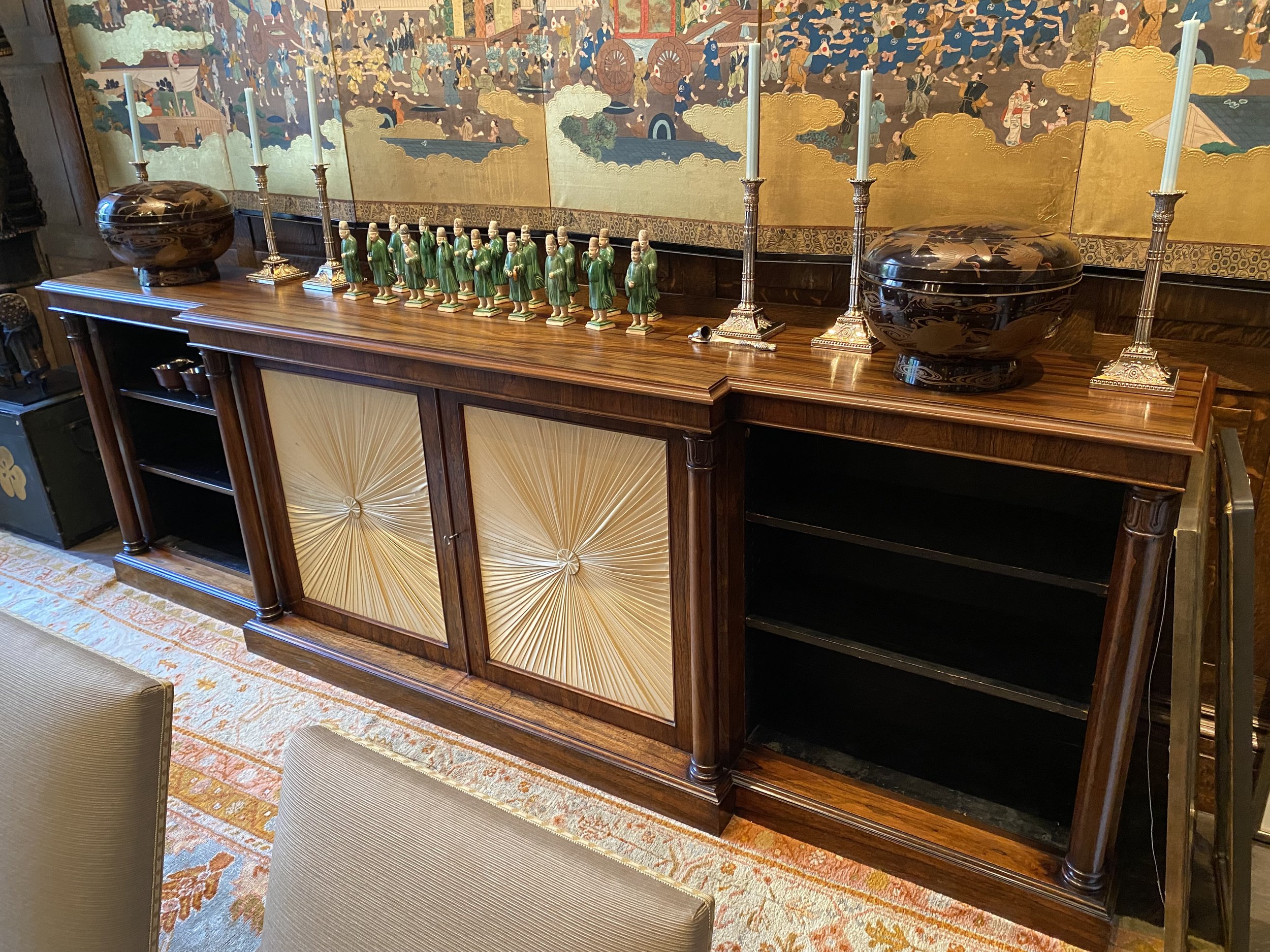 Regency Period Rosewood Serving Breakfront Buffet, England, c. 1820
Provenance: Cullman & Kravis, 7/7/2005,
(now altered and with a replacement top to accommodate a pop up TV)