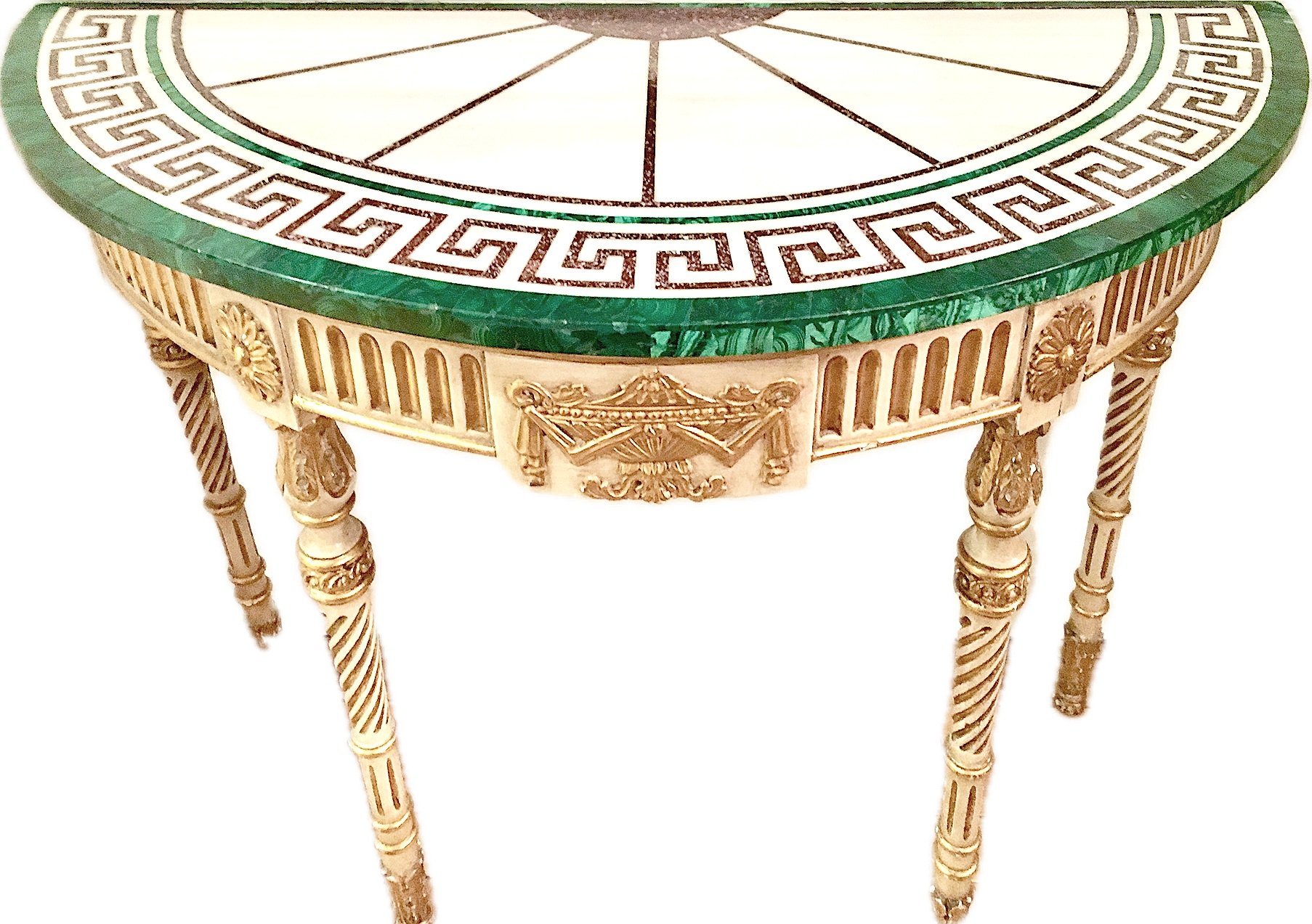 Adam Style Demi Lune Parcel Gilt Console, with Greek Key Motif Porphyry and Malachite and White Marble Top, Mid 20th Century, 36 x 16 x 28 inches high