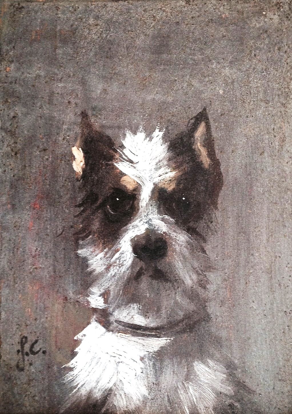 Portrait of a Dog, France, 19th Century, Initialed by the Artist "J.C."; Presented in a Thickly Carved Gilt Frame measuring 15 x 13 inches