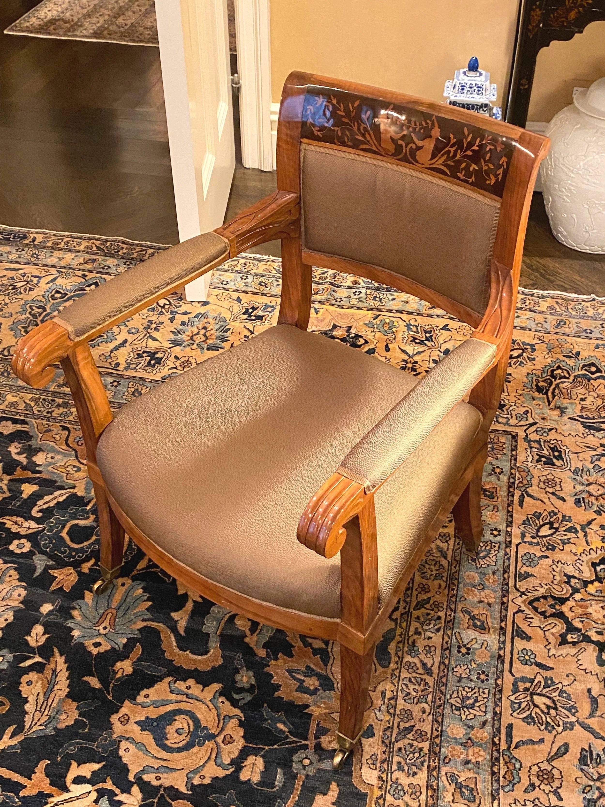 Biedermeier Walnut Armchair with animalistic penwork details, Austria, c. 1820’s
(24 inches wide x 25 inches deep x 35 ¾ inches high / seat height = 17 inches)
Provenance: Karl Kemp & Assoc, Ltd., NY, 4/16/2009