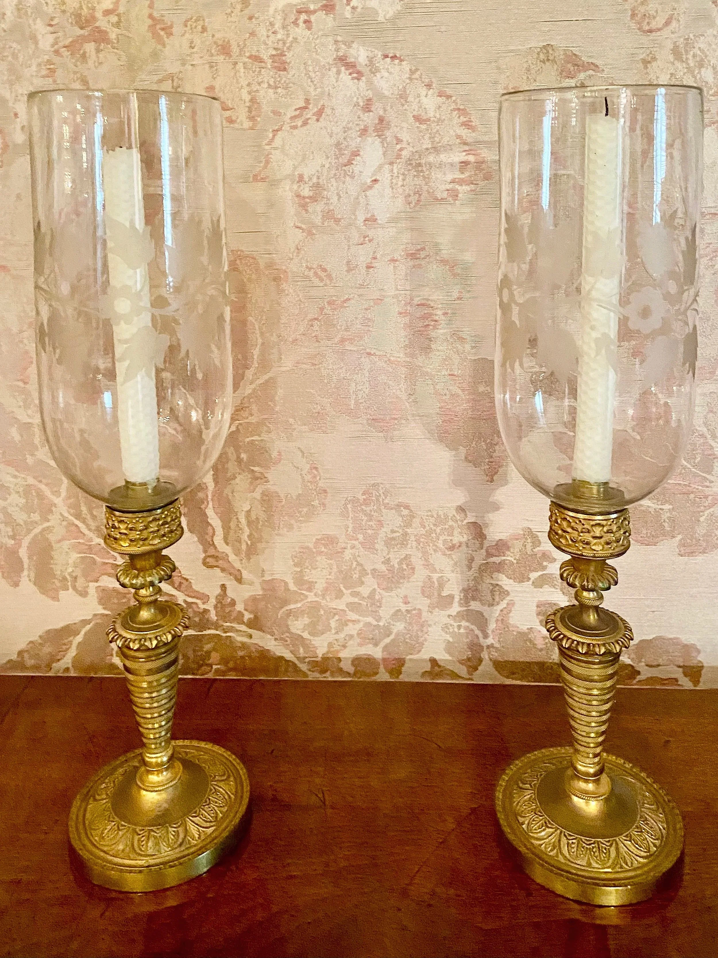 Pair of Gilt Bronze and Etched Glass Hurricane / Photophores, England, c. 1820 Provenance: Bardith, New York