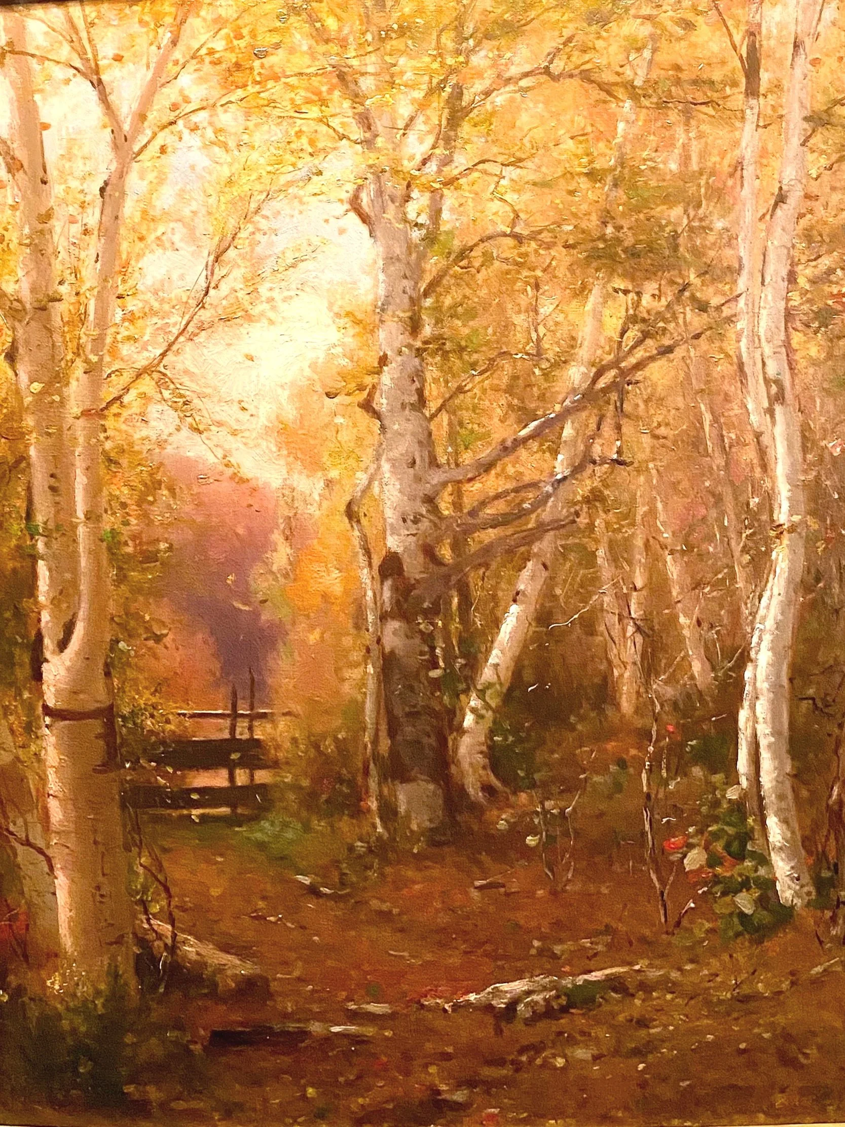 JERVIS MCENTEE (1828 – 1891). The Path Through a Birch Wood, 1889, Oil on Wood, Signed & Dated Lower Left with Monogram Provenance: The artist; to Ralph Cortell; to The Canton Art Institute, Canton, Ohio; D. Wigmore Fine Art, Inc., NY, 2/16/98