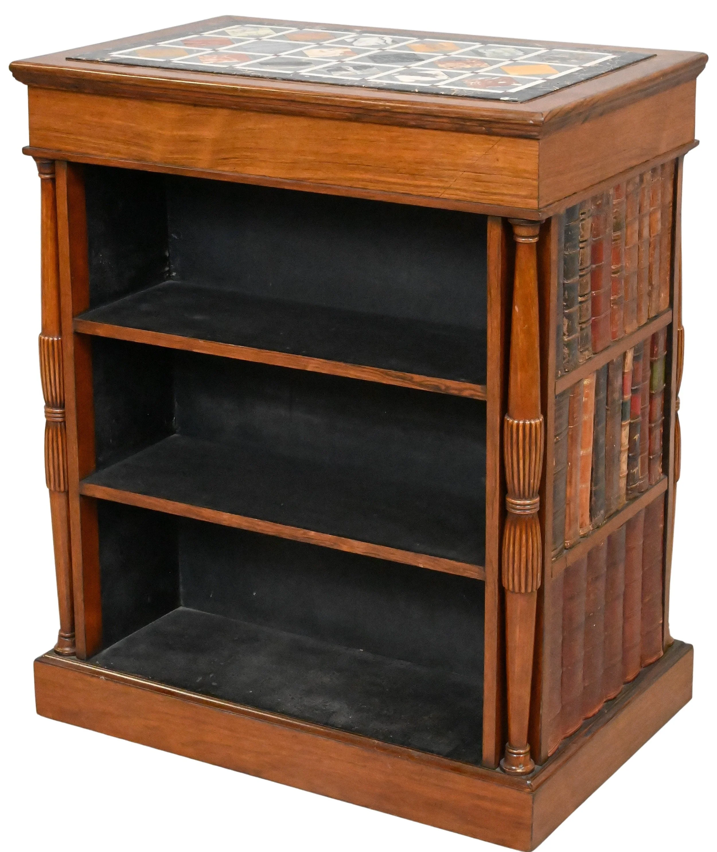 William IV Diminutive Double-Sided Rosewood Bookcase with Exotic Marble Parquetry Top
having rectangular top finely inlaid with a geometric parquetry pattern of exotic marbles above open shelving to both sides, the ends simulated as gilt-tooled leath