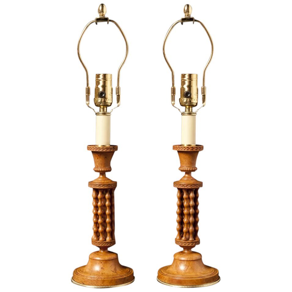 Pair of French 19th Century Candlesticks by "Deromaz Cadet St. Rambert", 9 3/4 inches high; now wired as lamps