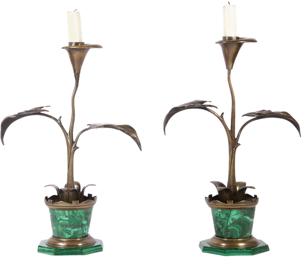 Pair of Whimsical Art Nouveau Patinated Bronze and Malachite Candlesticks, c. 1900, 14 inches tall