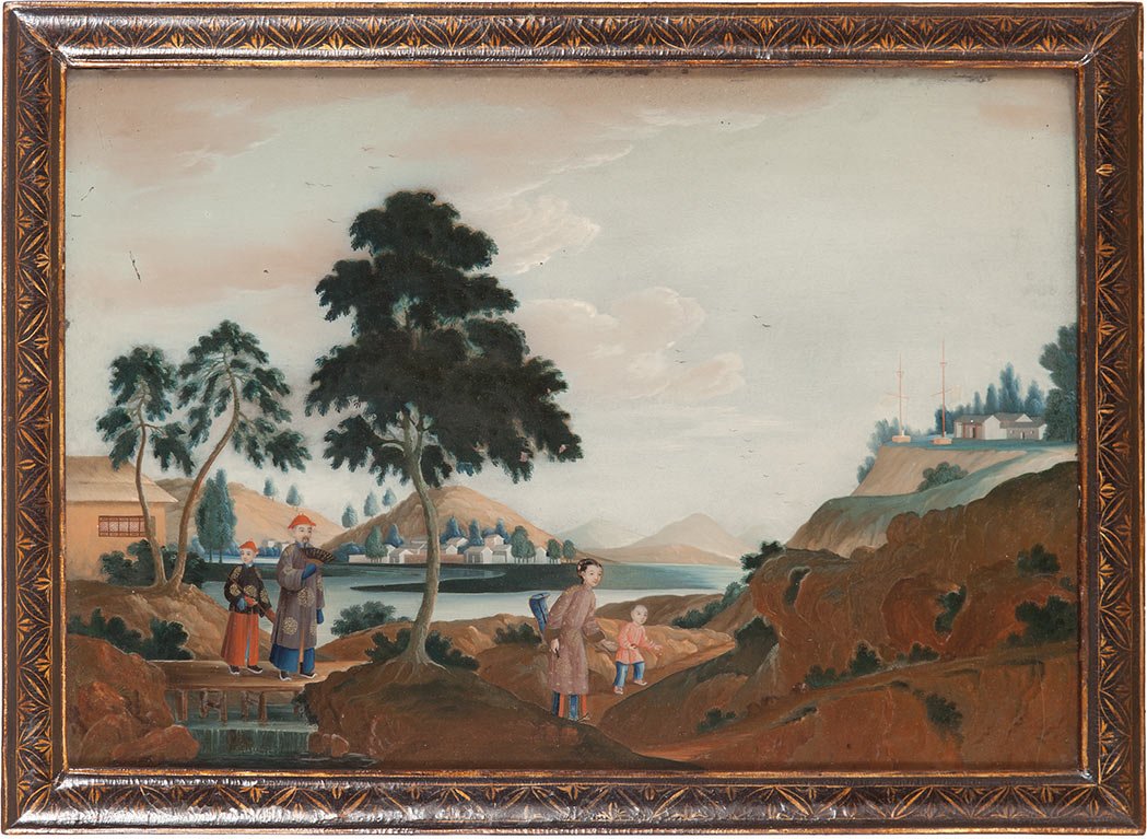 Chinese Export Reverse Painting on Glass, First half 19th century; with figures in a landscape; retaining original Chinese black lacquer and gilt frames; Framed: 14 inches x 19 1/4 inches