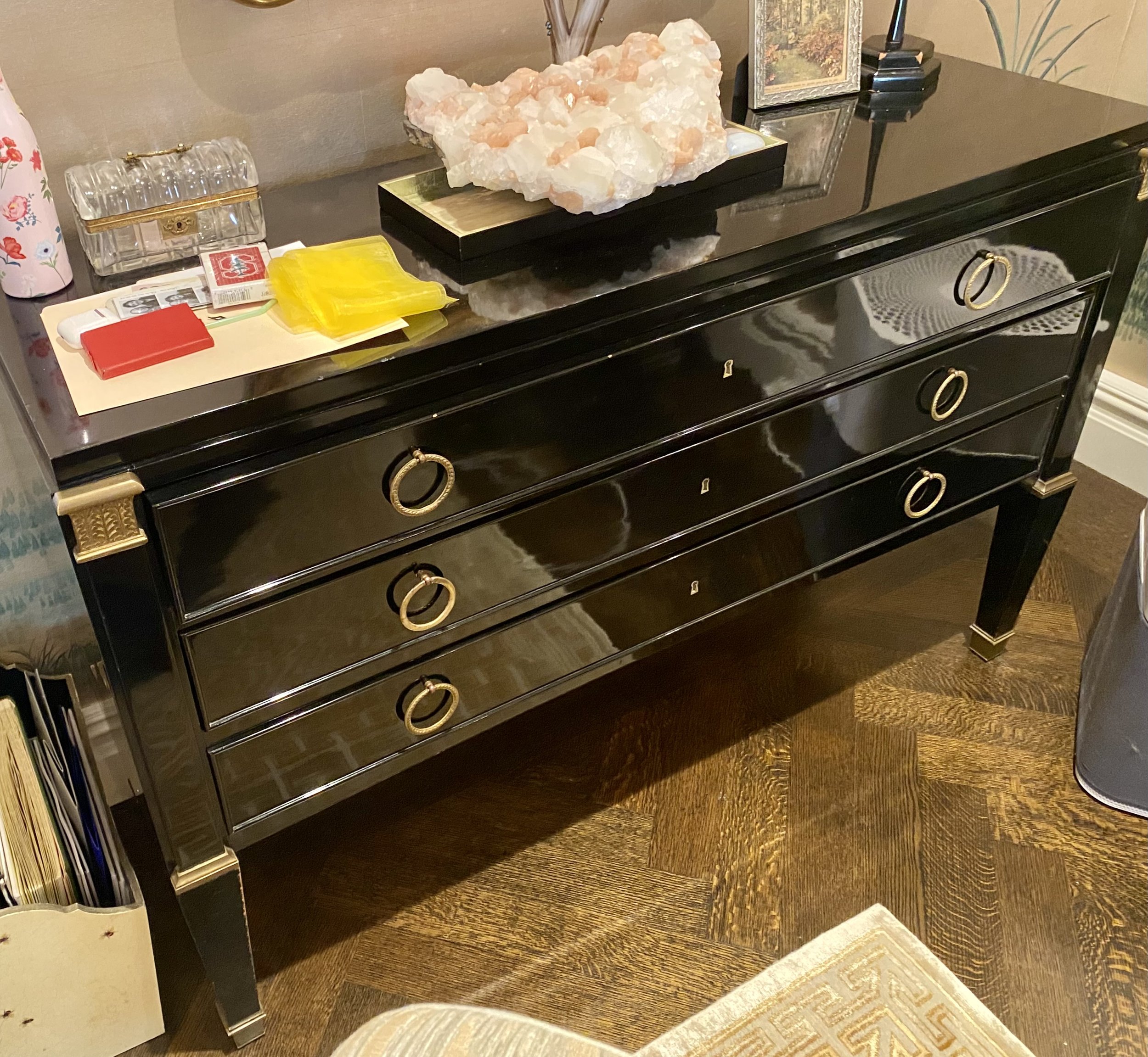 Art Moderne Three Drawer Ebonized Chest by De Coene Freres, Belgium, c. 1930’s;
Replete with original “De Coene” labe
(53 inches wide x 18 ½ inches deep x 34 inches high)
Provenance: Karl Kemp & Assoc., Ltd., NY, 11/11/2008