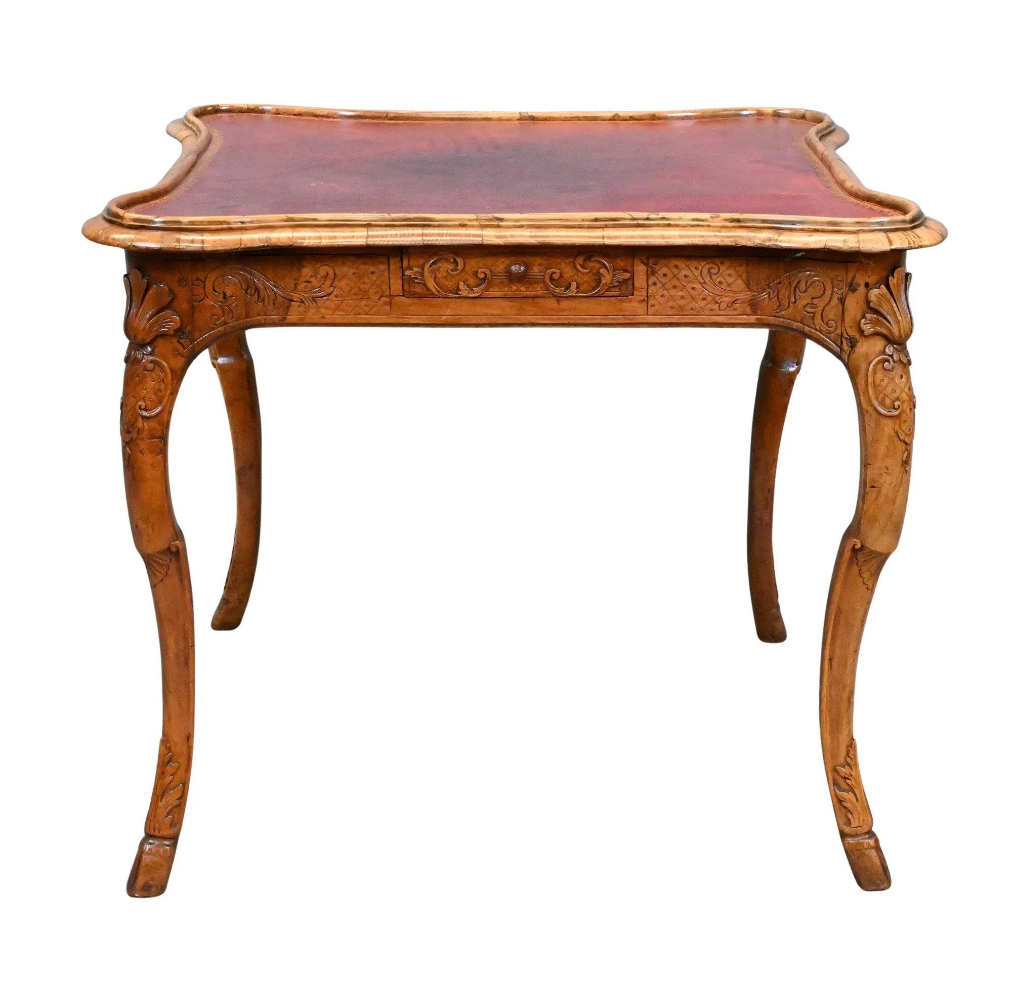 Louis XV Walnut Games Table with Tooled Leather Top
having shaped square top inset with a red tooled leather playing surface above a carved frieze fitted with four concealed gaming drawers, raised on cabriole legs with acanthus-carved knees and scrol