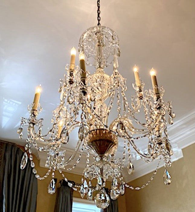 George III Style Cut Glass 9 Light Chandelier, c. 1850
(32 inches diameter x 50 inches high)
Provenance: Kentshire, NY, 7/25/2008