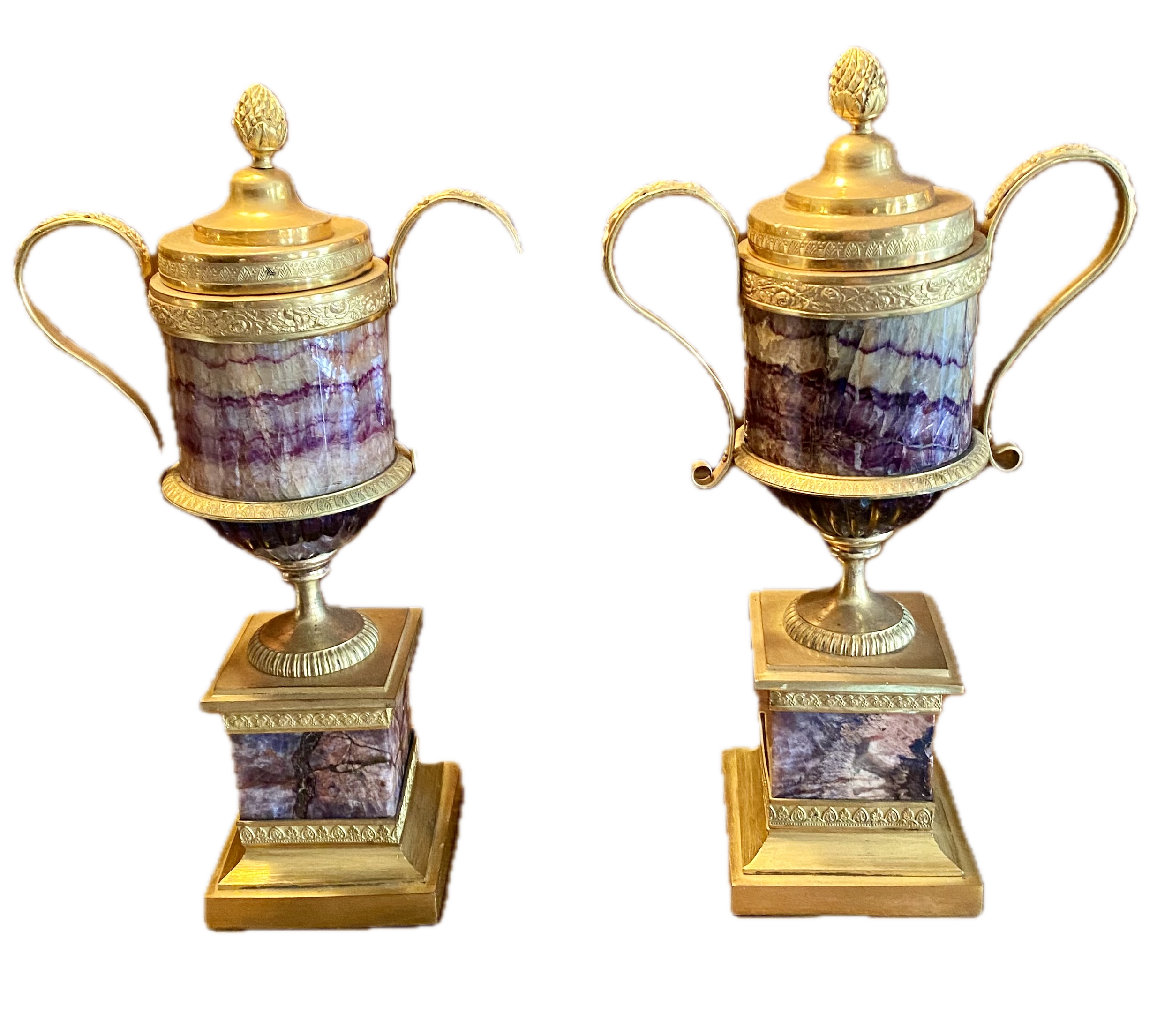 Pair of Gilt Bronze Decorated Blue John Cassoulets with Two Handles, 19th Century (9 ½" High) Provenance: Philip Hewat-Jaboor, London, 1988