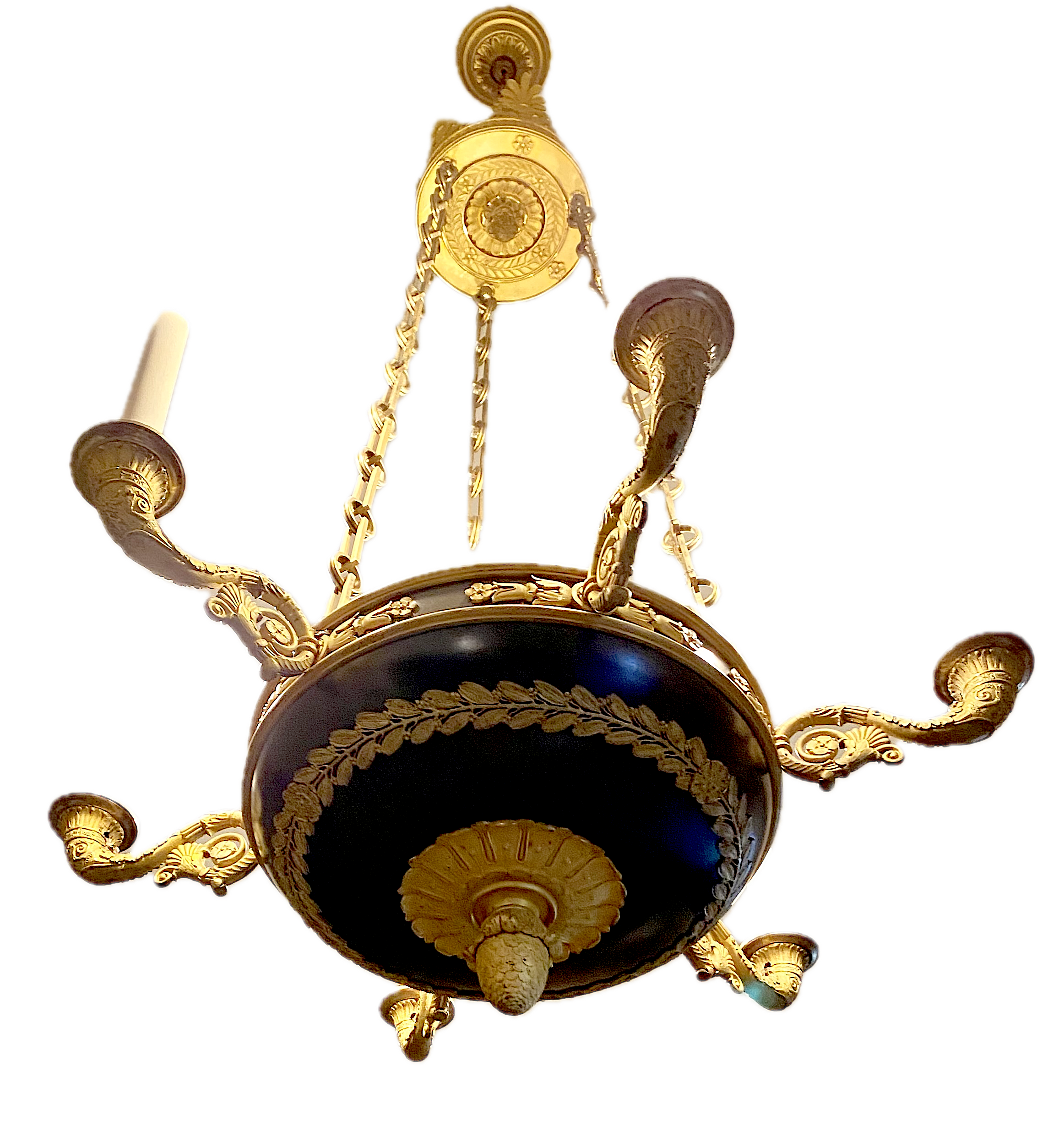 Fine Empire Period Bronze and Ormolu Six Arm Chandelier, France, c. 1800 Provenance: Mallett, London; Parish-Hadley Associates, New York, 1989