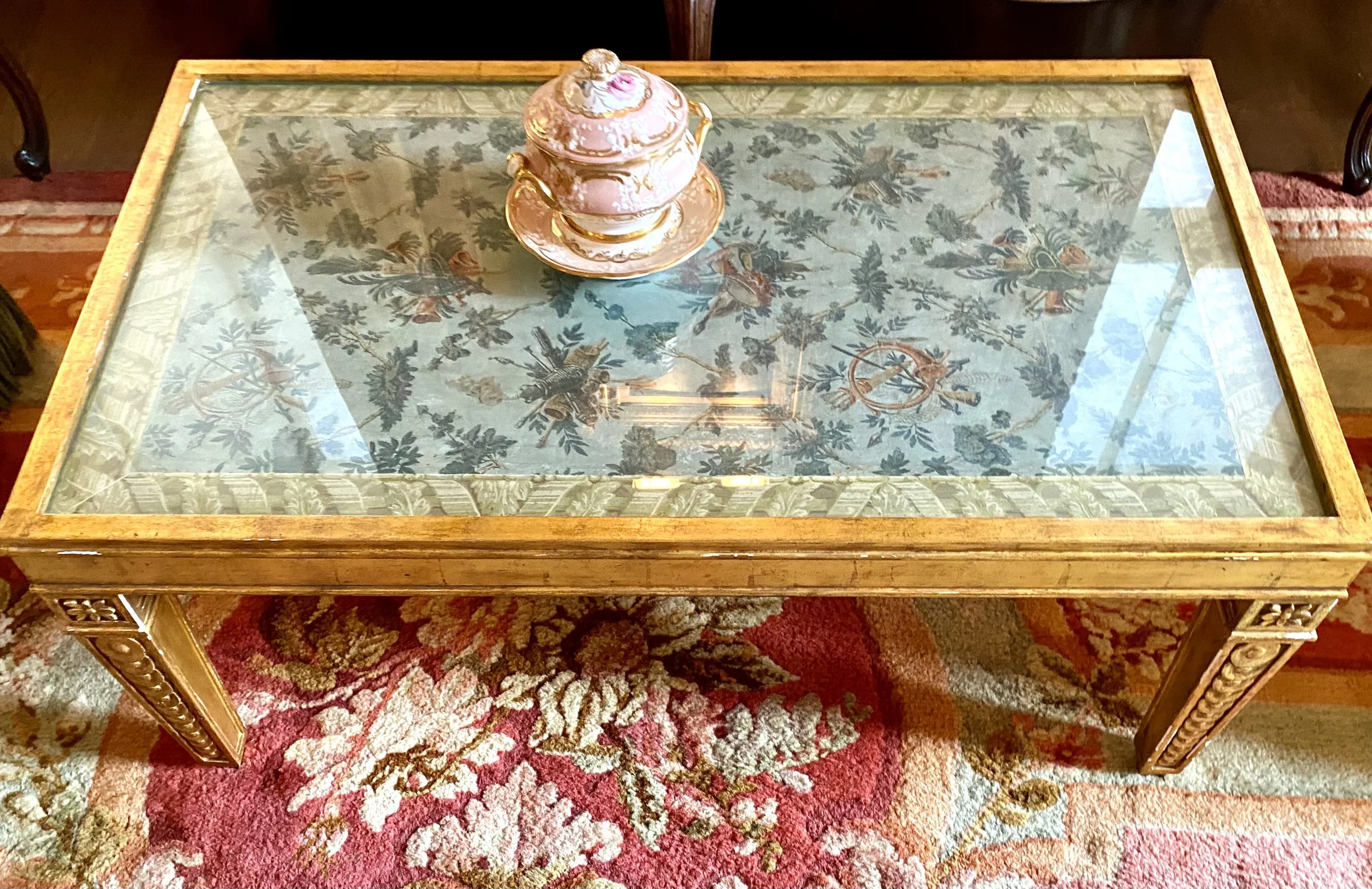 Rectangular Cocktail Table comprised of a 19th Century Blue Ground Painted Leaf Motif Tapestry